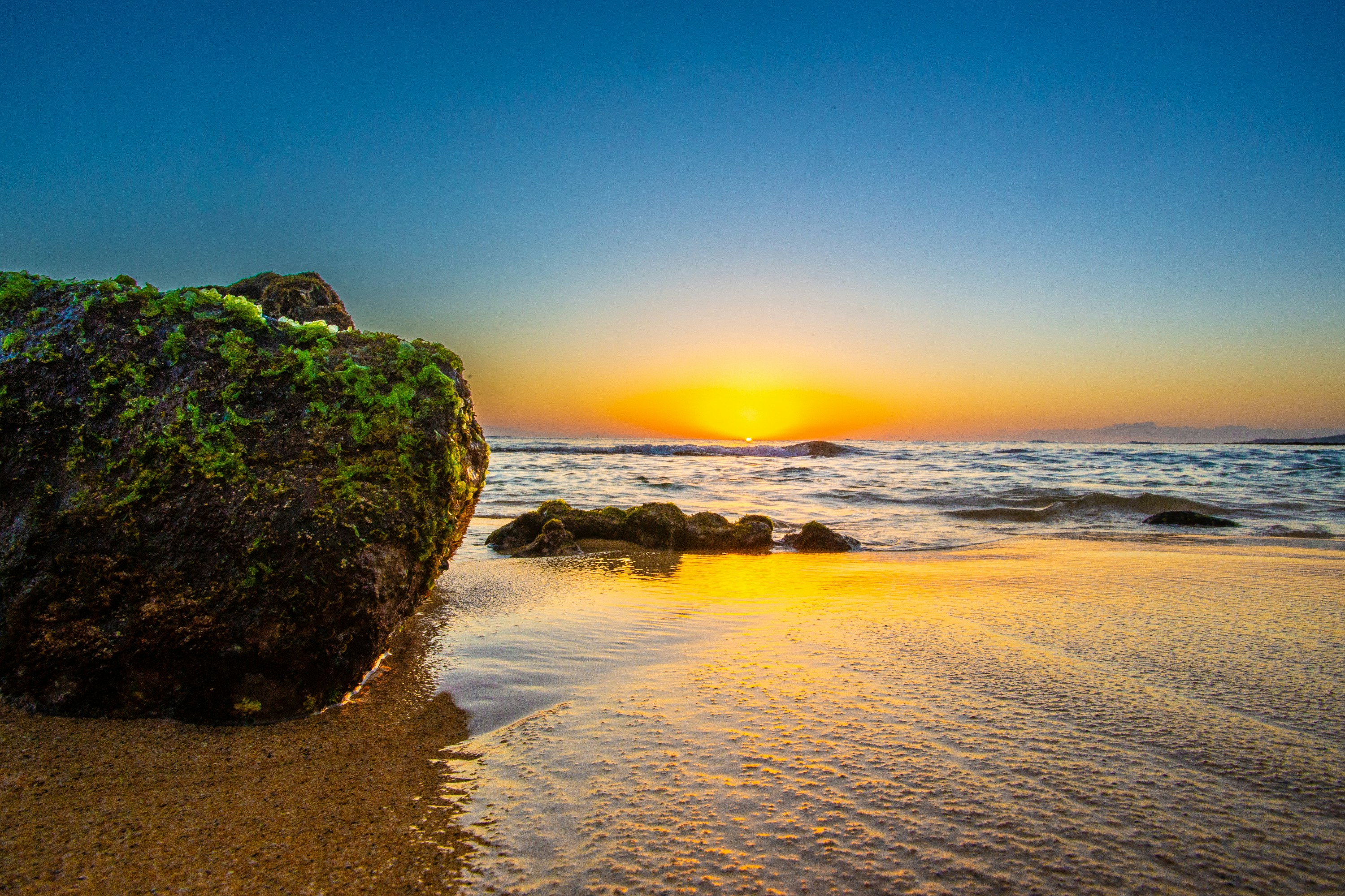 Tramonto su un oceano calmo con rocce muschiose