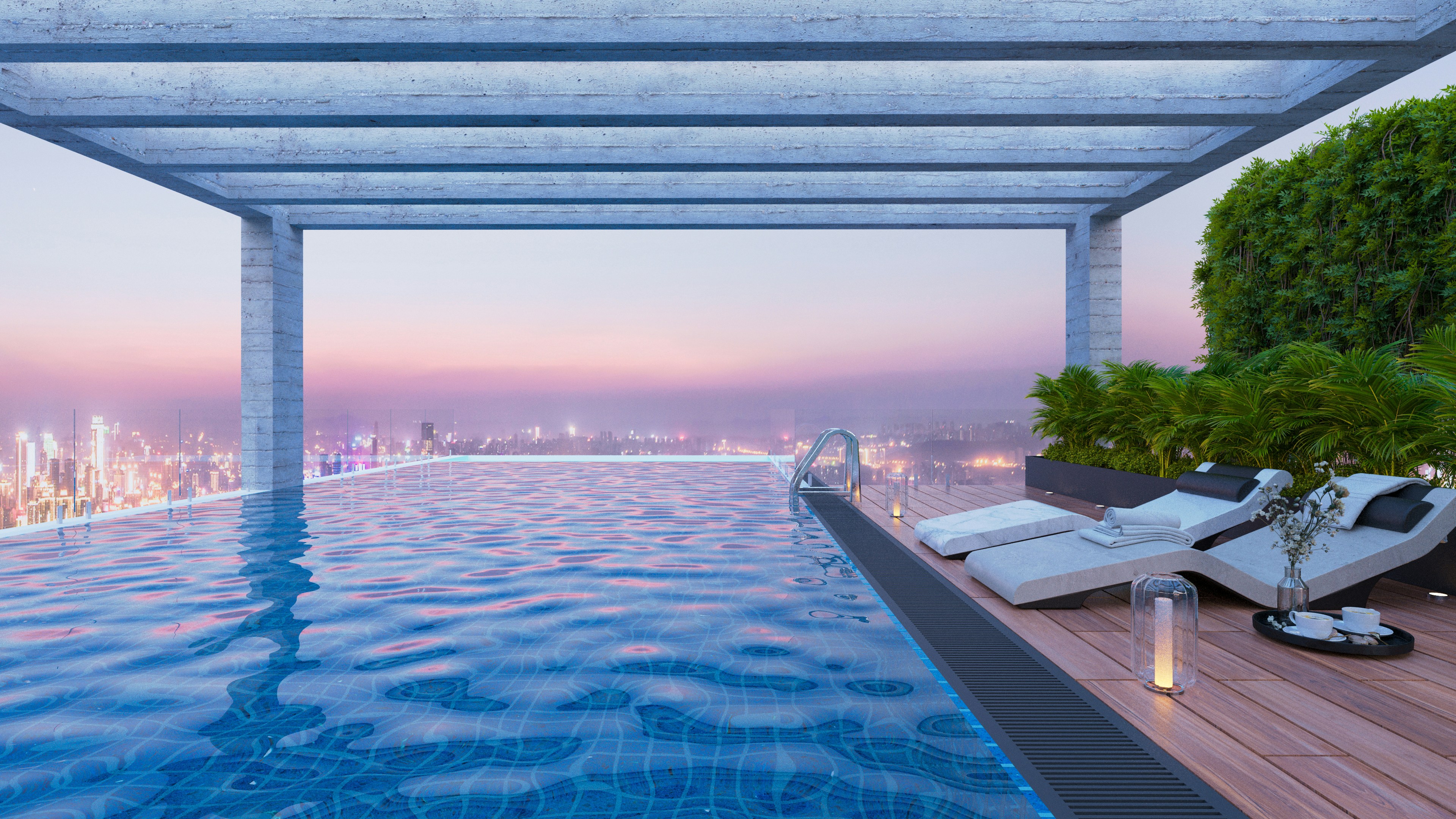 Rooftop infinity pool at sunset with skyline views - luxury residential apartments downtown