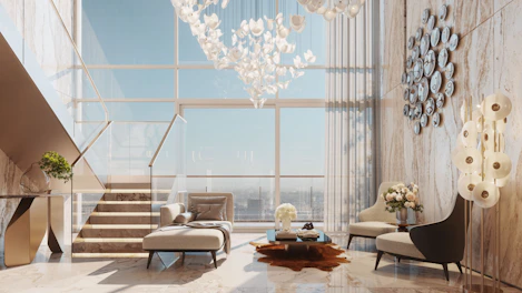 Luxurious modern living room with large windows and staircase