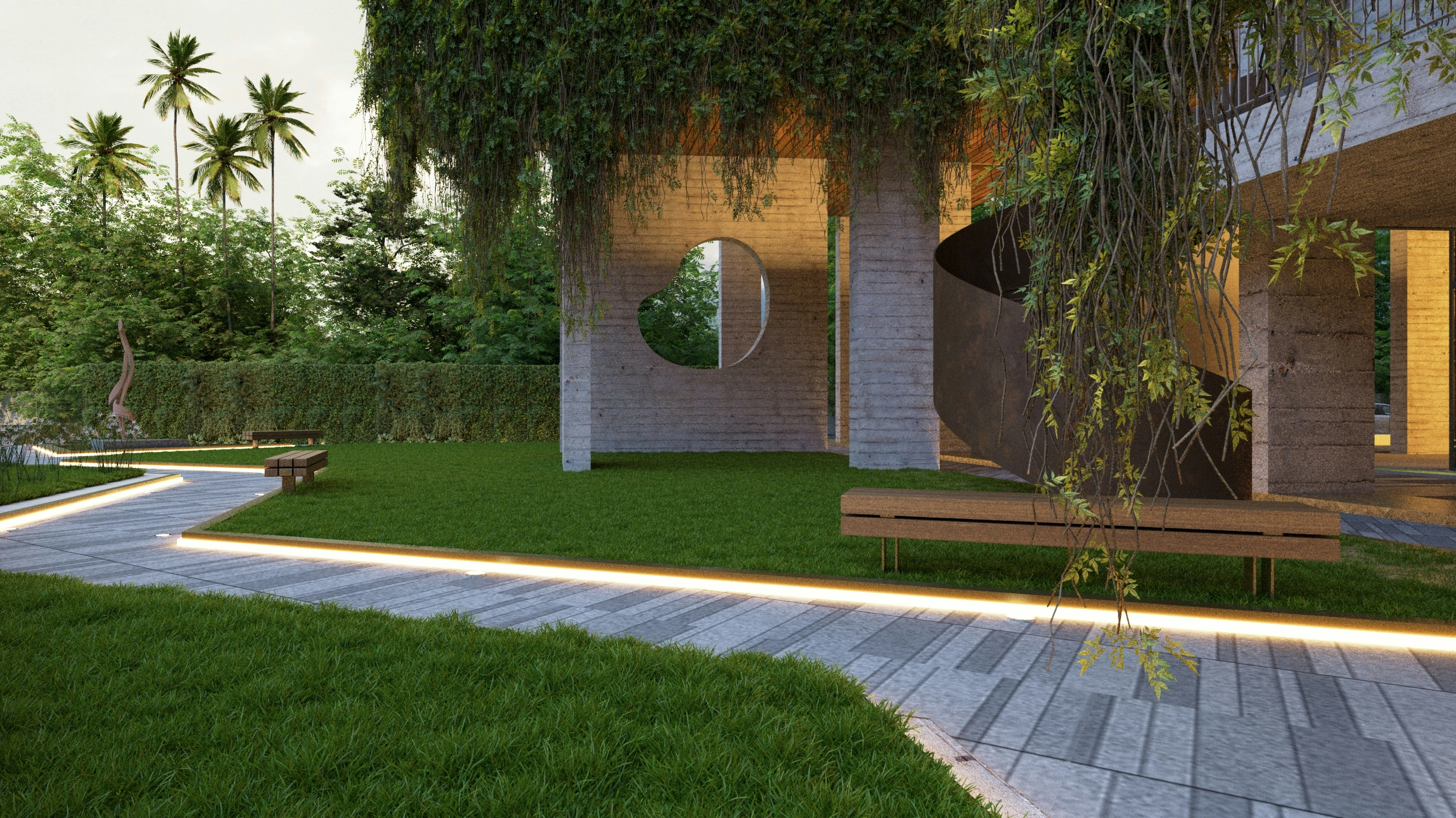 Modern concrete building with lush greenery and pathway lights