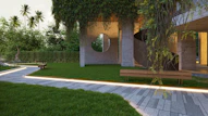 Modern concrete building with lush greenery and pathway lights