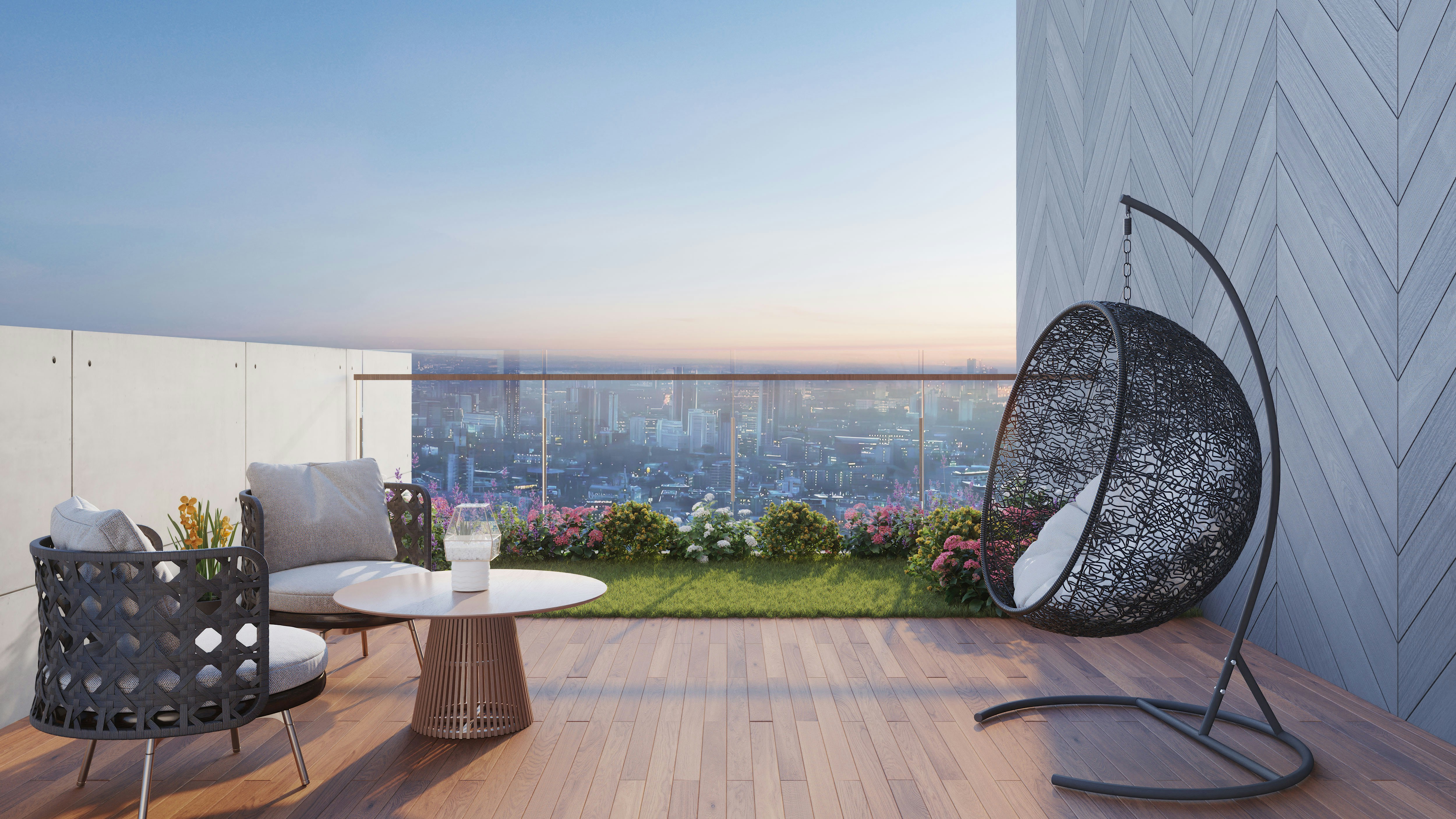 Modern balcony with city view and hanging chair