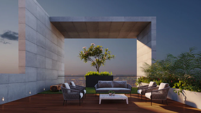 Modern rooftop terrace with seating