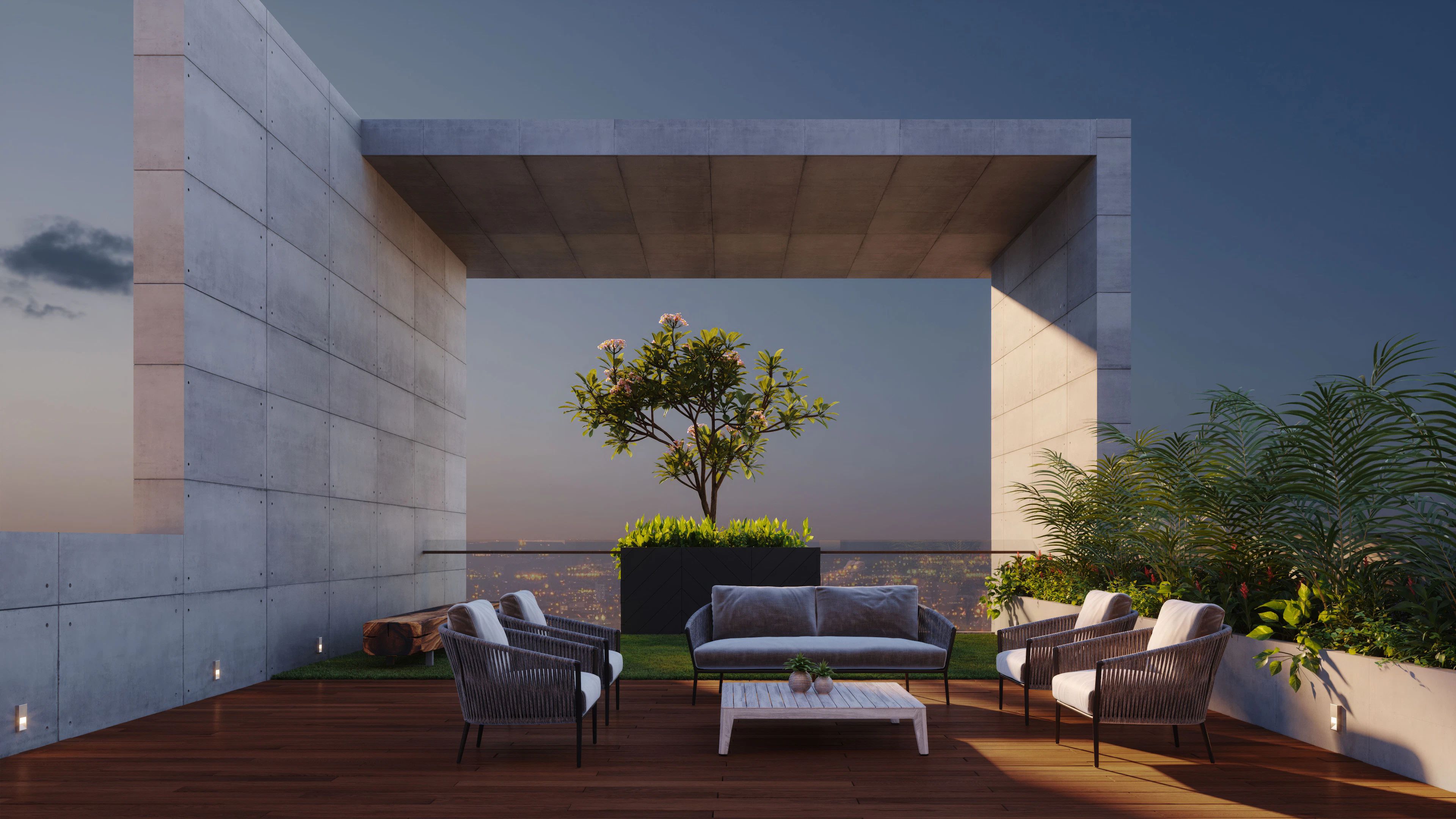 Modern rooftop patio with seating and a tree