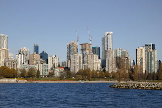 Modern city skyline with waterfront and clear blue sky