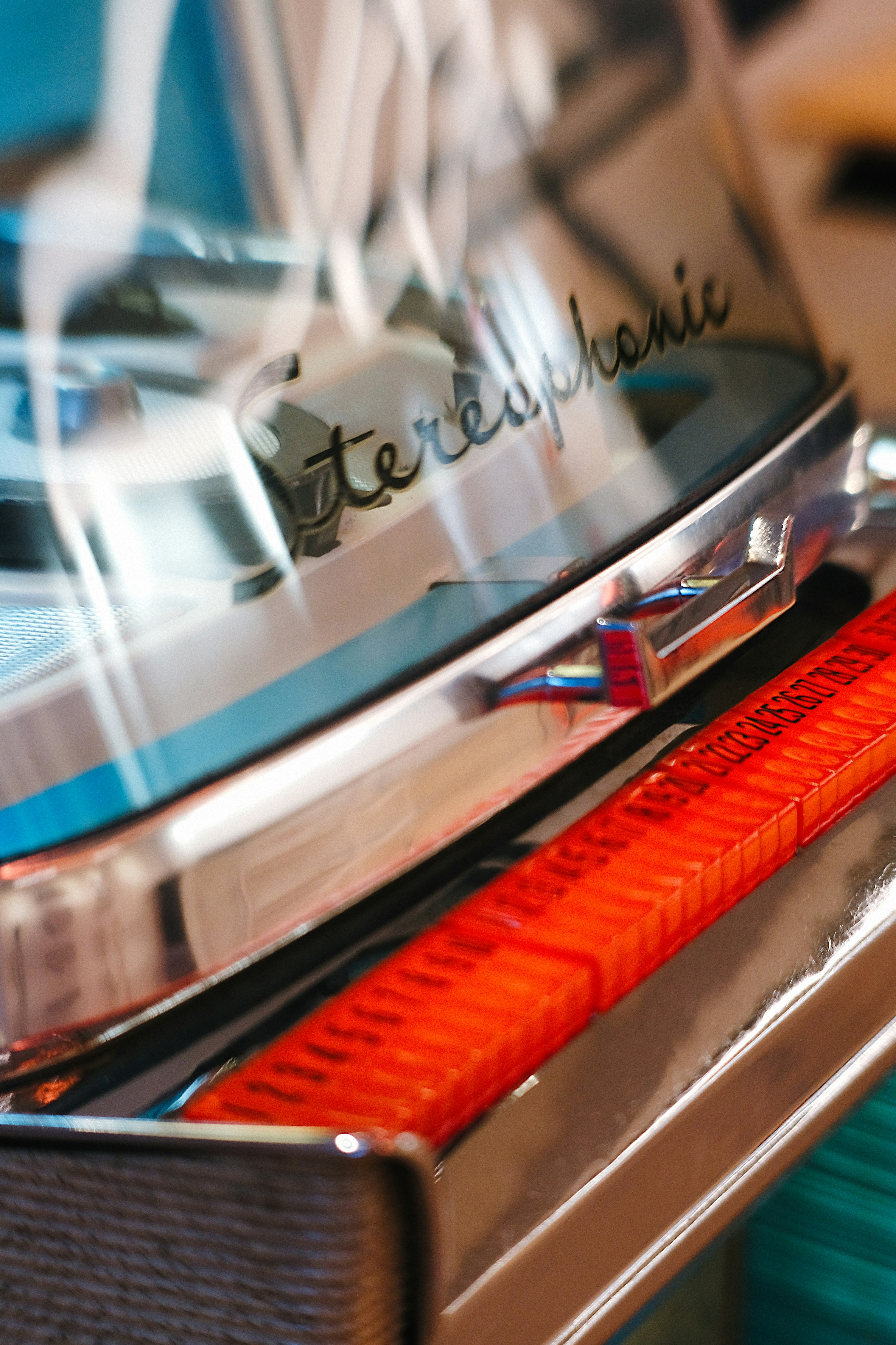 Close-up of a vintage stereophonic record player