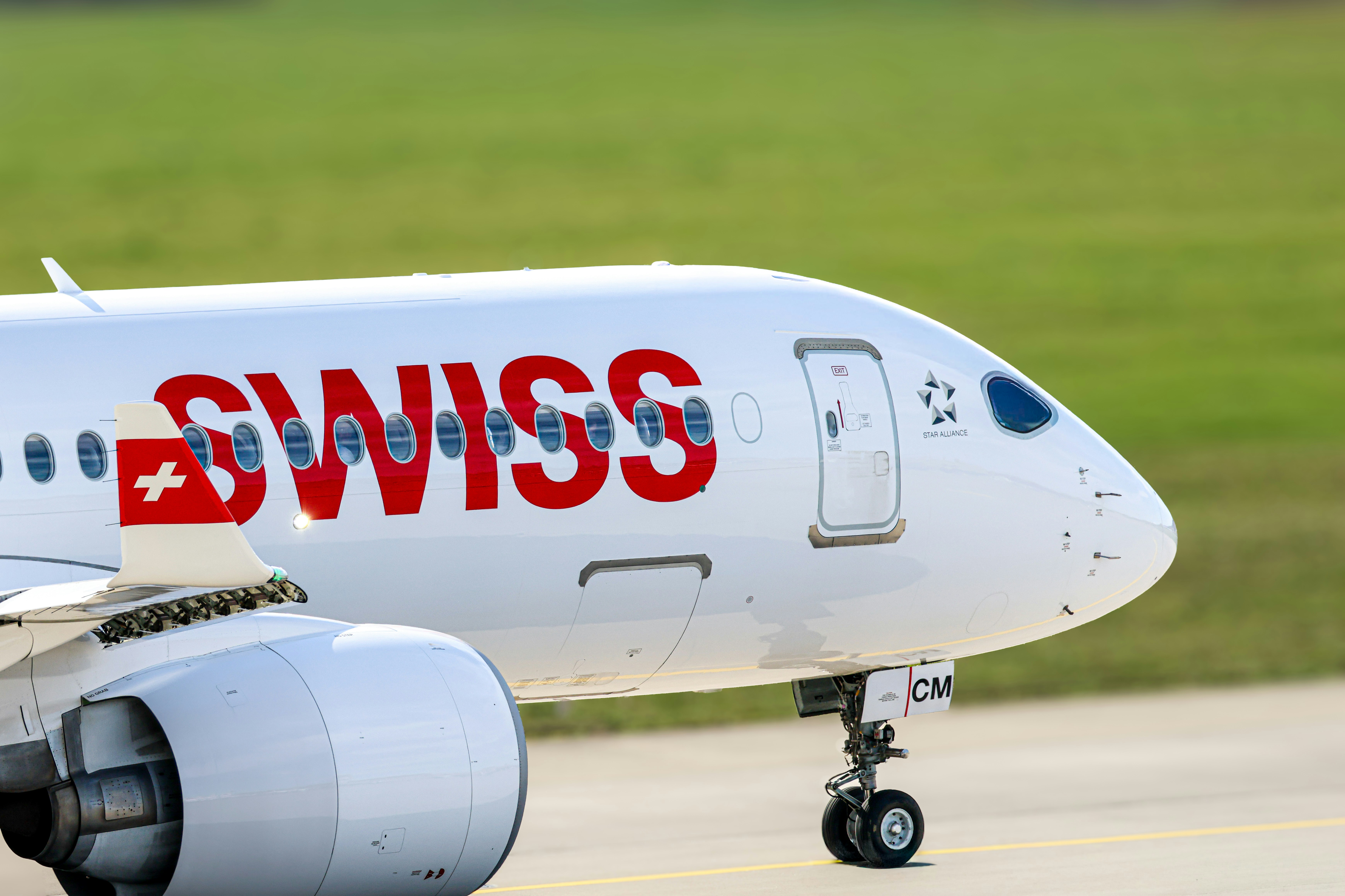 Close-up of a swiss airplane on the tarmac