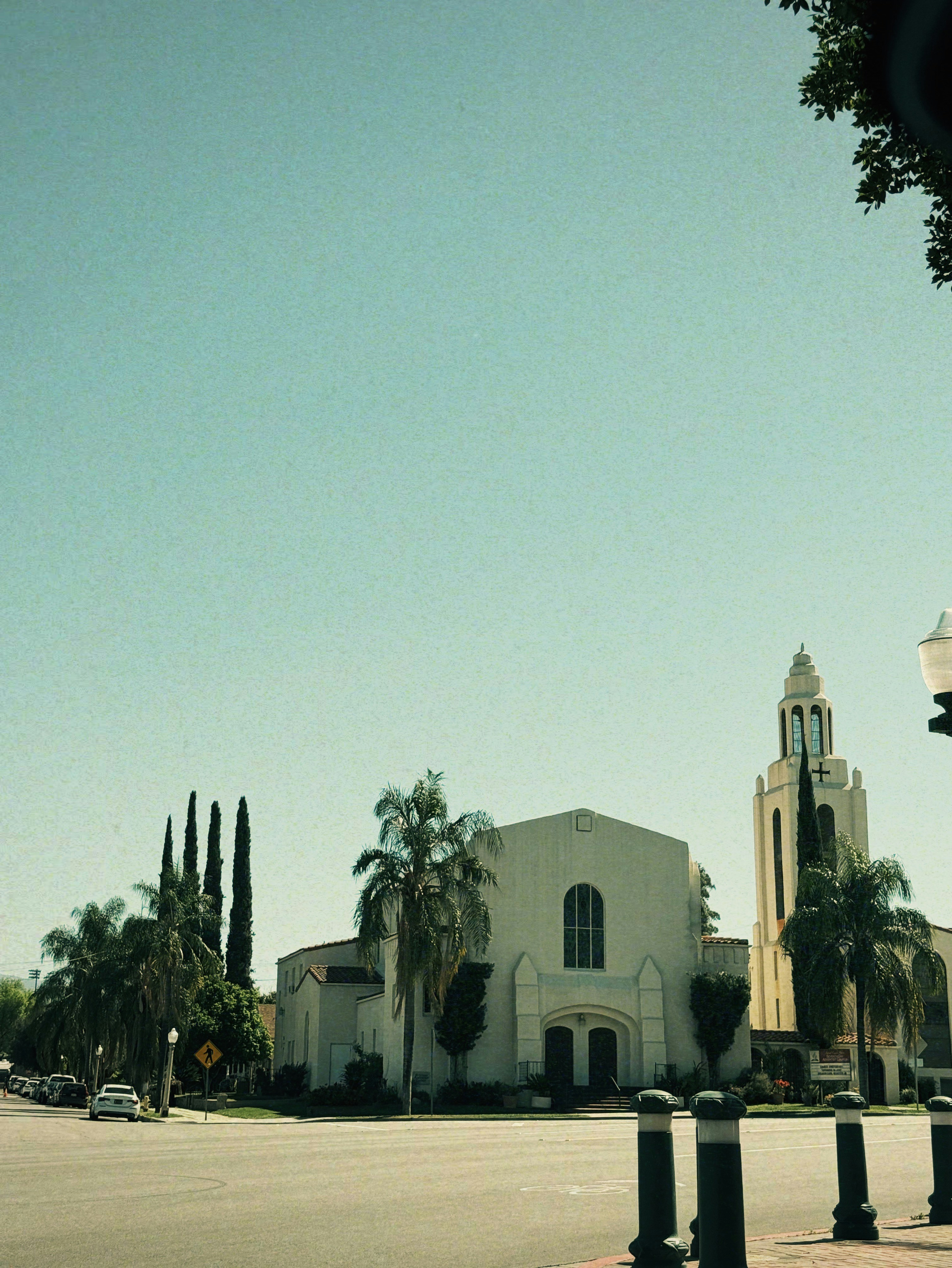 Building with a tall tower framed by palm trees in Redlands, California