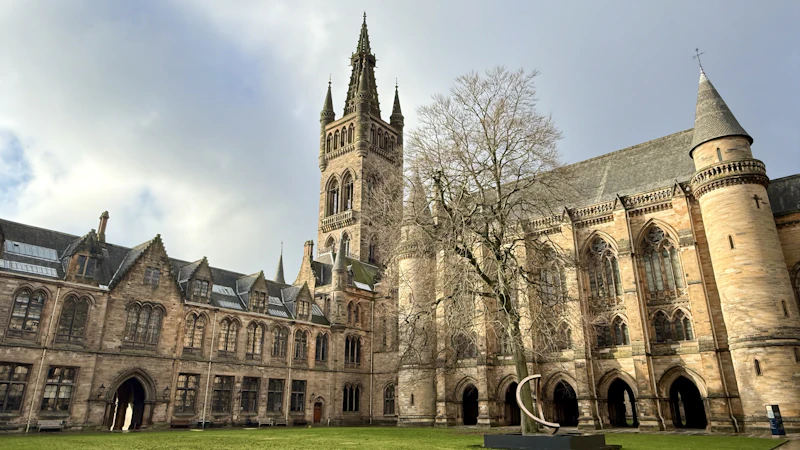 Gothic main building and courtyard of the University of Glasgow, Scotland