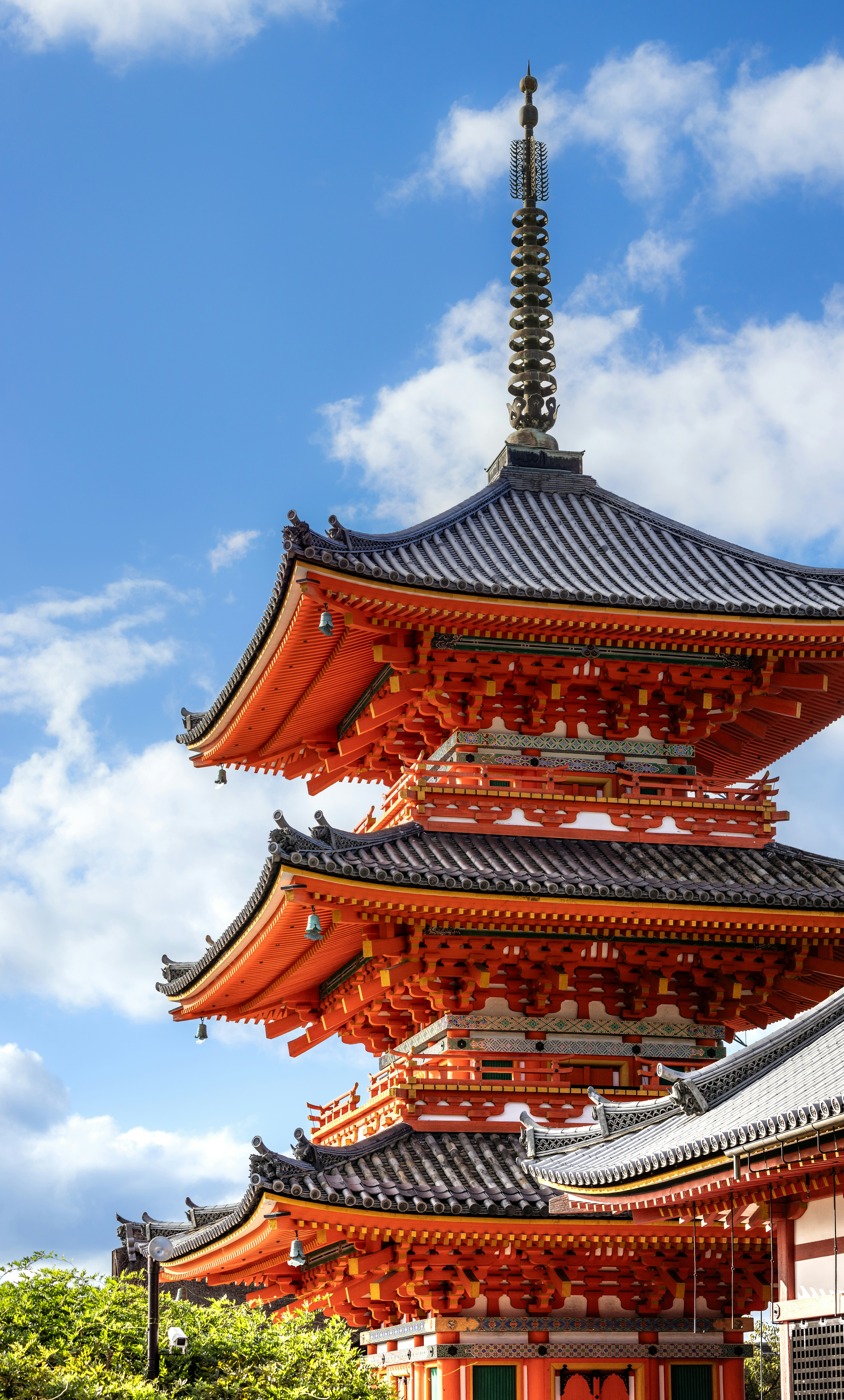 Vibrant orange pagoda against a blue sky