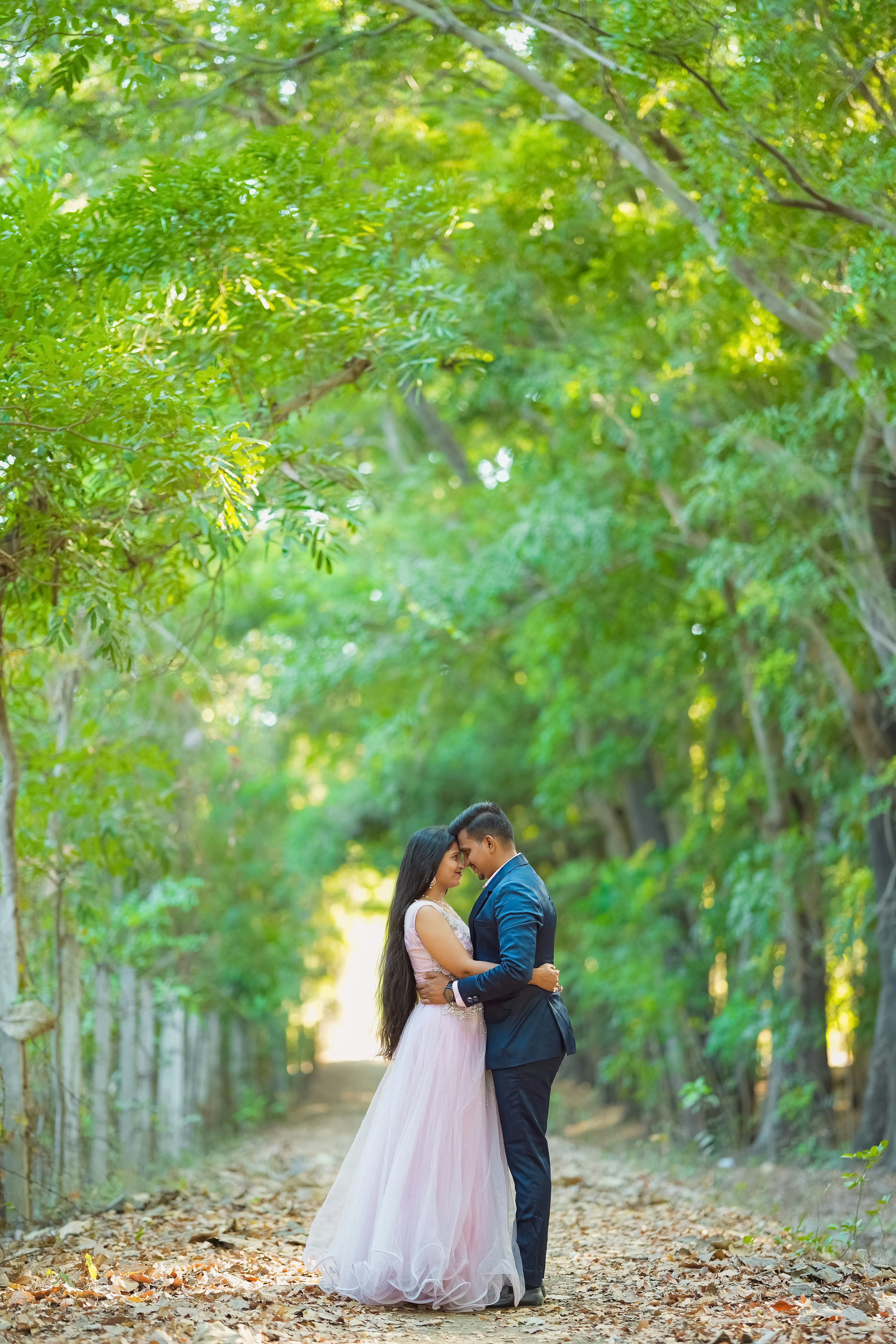 Couple embraces on a tree-lined path