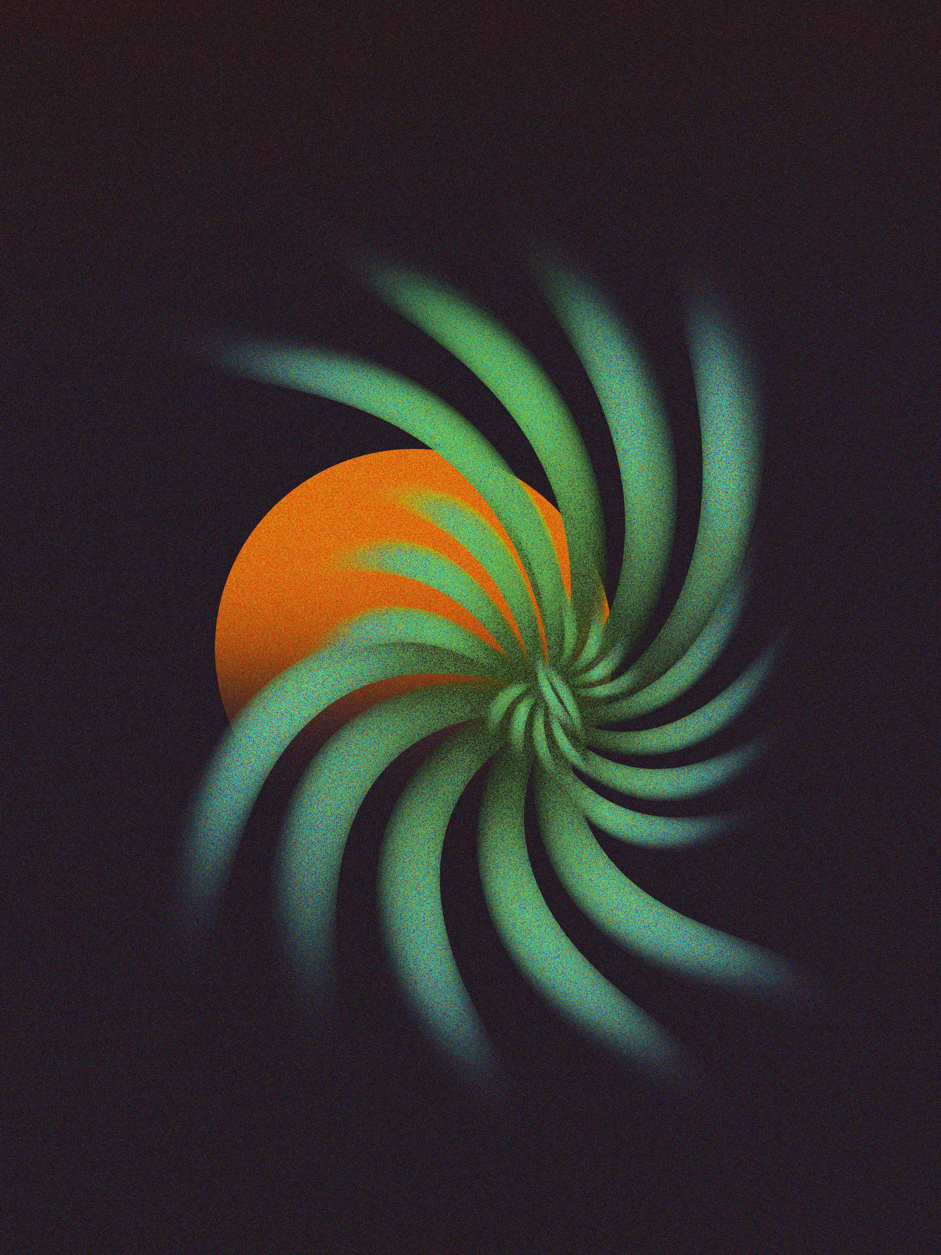 Abstrakte Spirale mit orangem Kreis vor dunklem Hintergrund