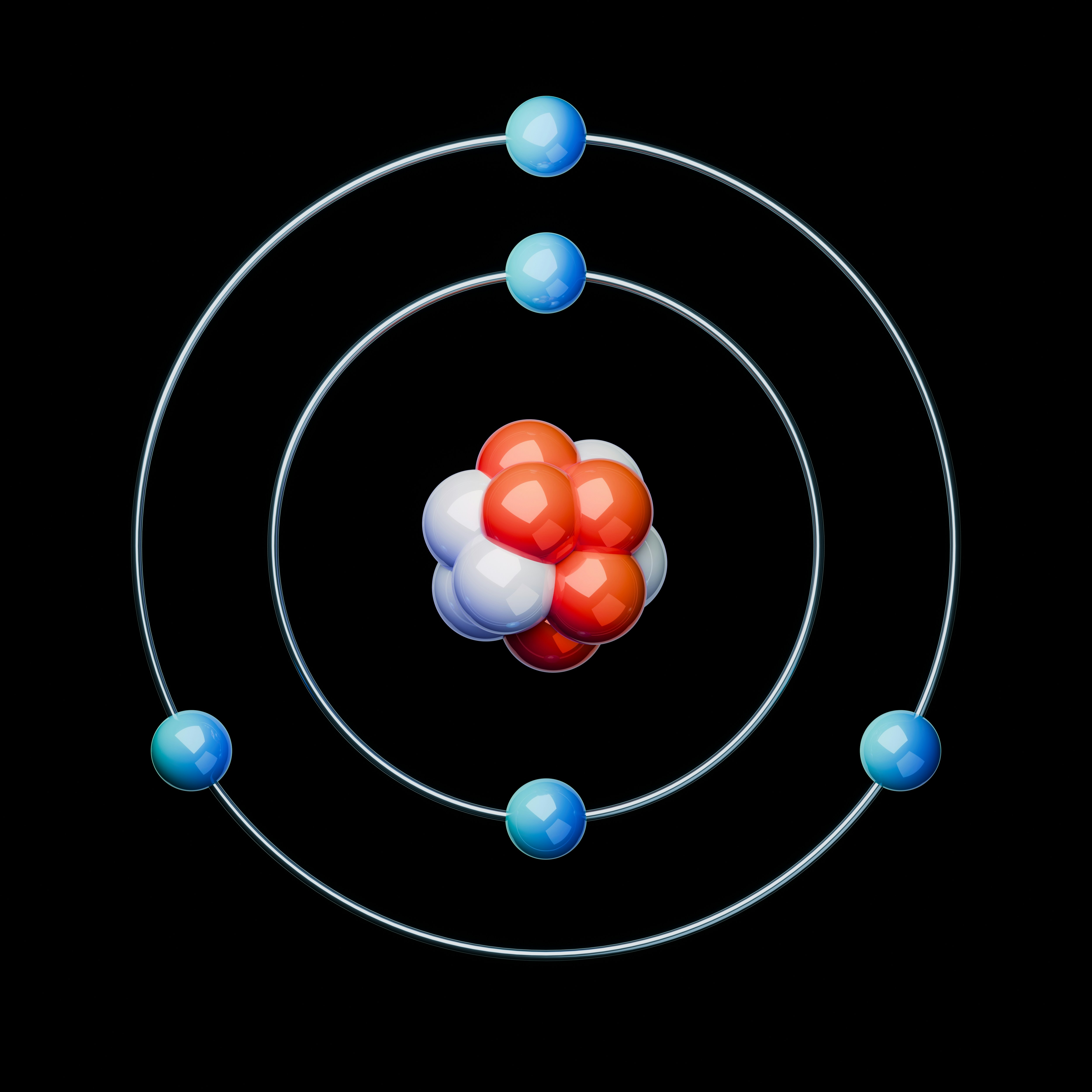 A high-quality 3D render of a Boron atom (B) of an atomic structure on a black background. Scientific illustration showing electron orbits and a central nucleus. Great for education, physics, and chemistry projects. All atom renders: https://unsplash.com/collections/nNbiMUVm7fY/planetary-atom-models