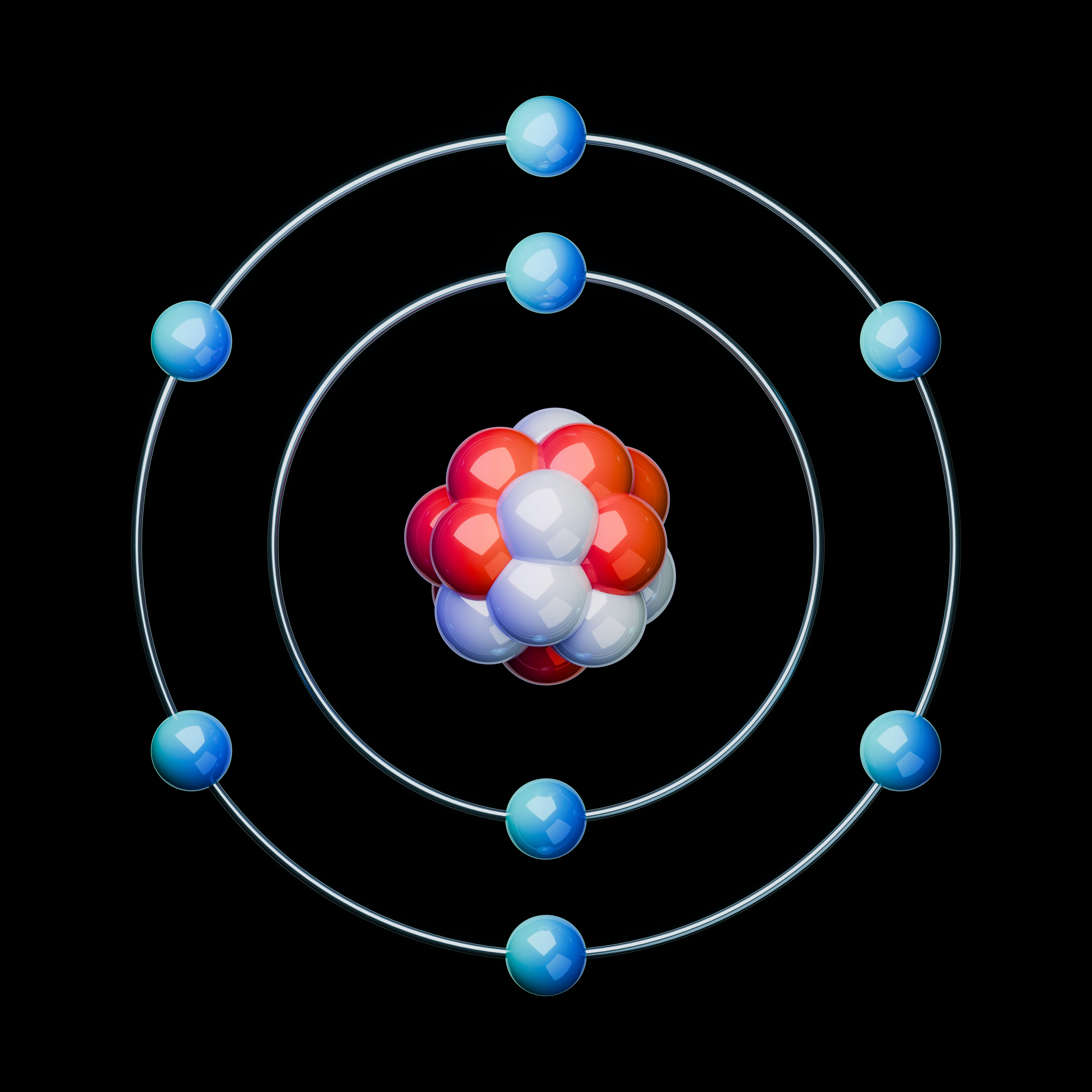A high-quality 3D render of a Oxygen atom (O) of an atomic structure on a black background. Scientific illustration showing electron orbits and a central nucleus. Great for education, physics, and chemistry projects. All atom renders: https://unsplash.com/collections/nNbiMUVm7fY/planetary-atom-models