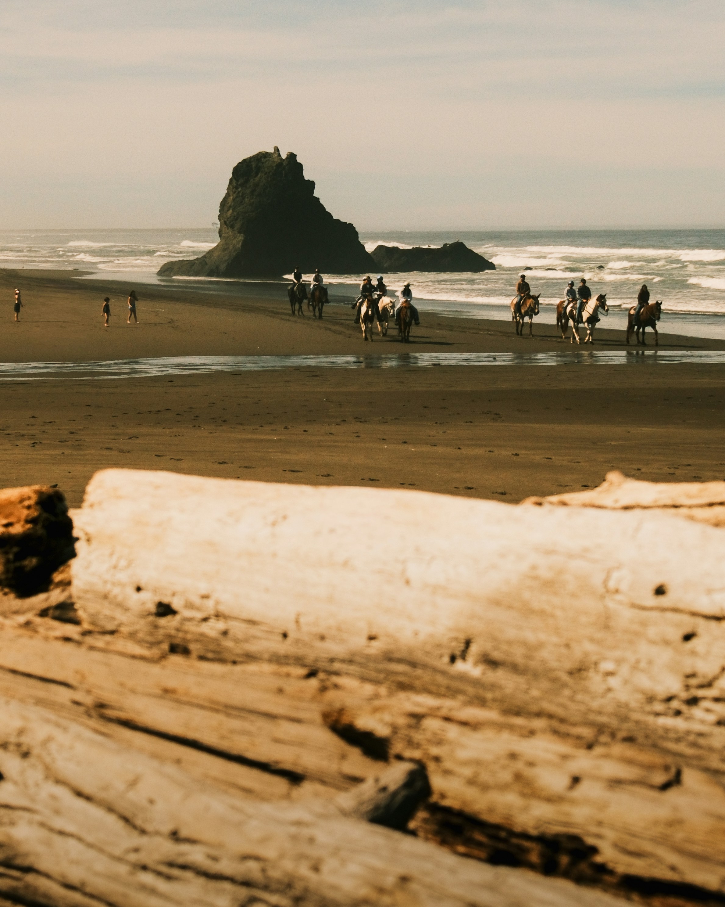 People on horseback ride along a sandy beach.