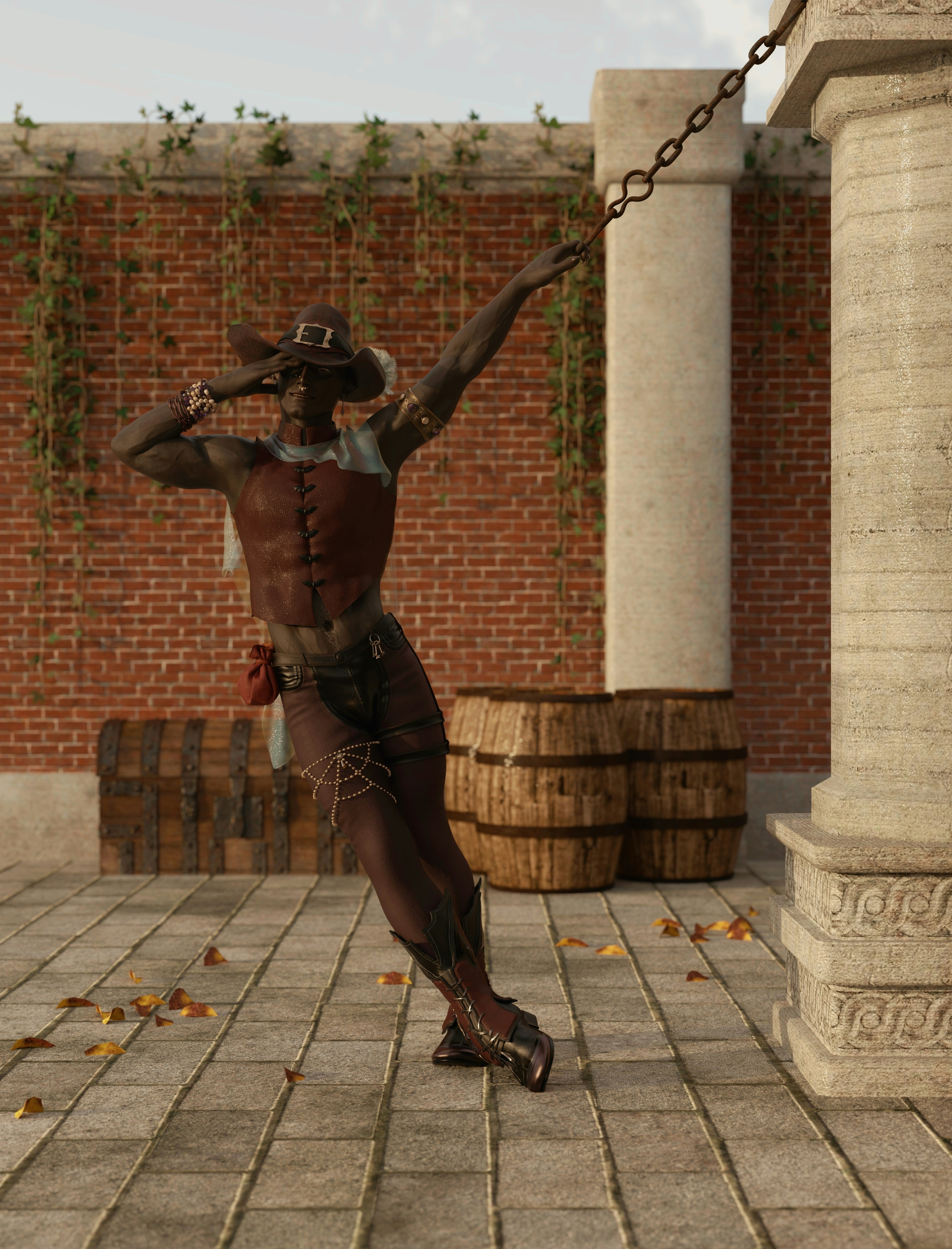 A dark-skinned figure in pirate attire dances outdoors