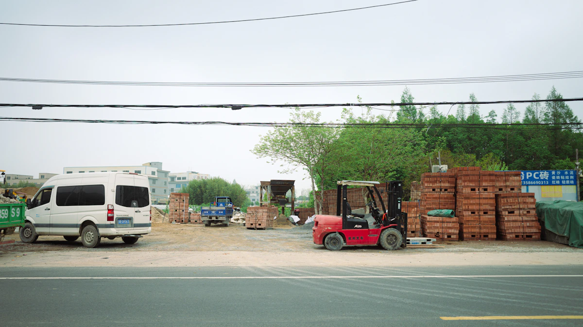 Construction supply yard with forklift and building materials