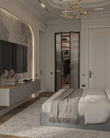 Luxurious bedroom with modern decor and open closet
