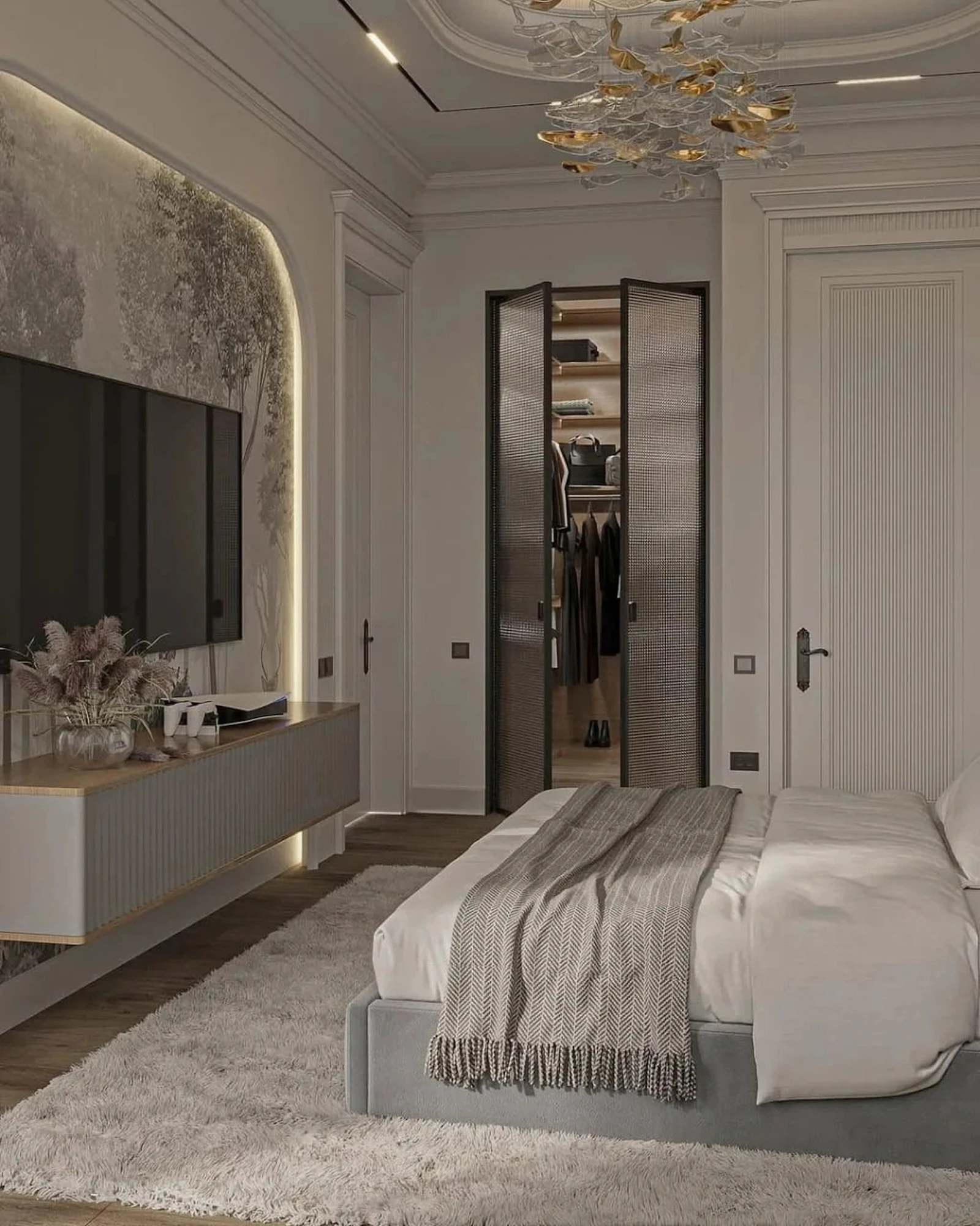 Luxurious walk-in closet with open shelving and soft lighting