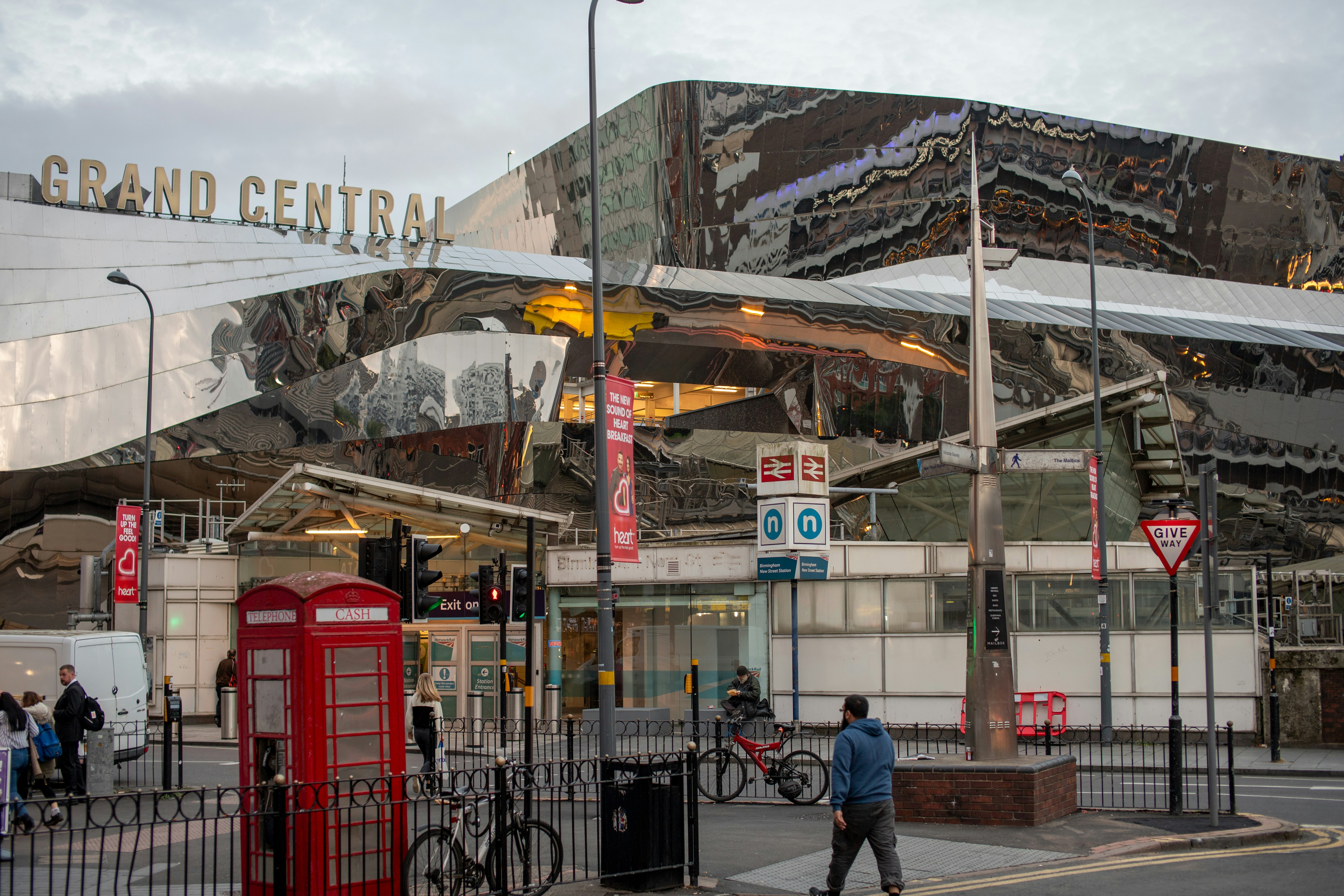 Grand central building with red telephone box