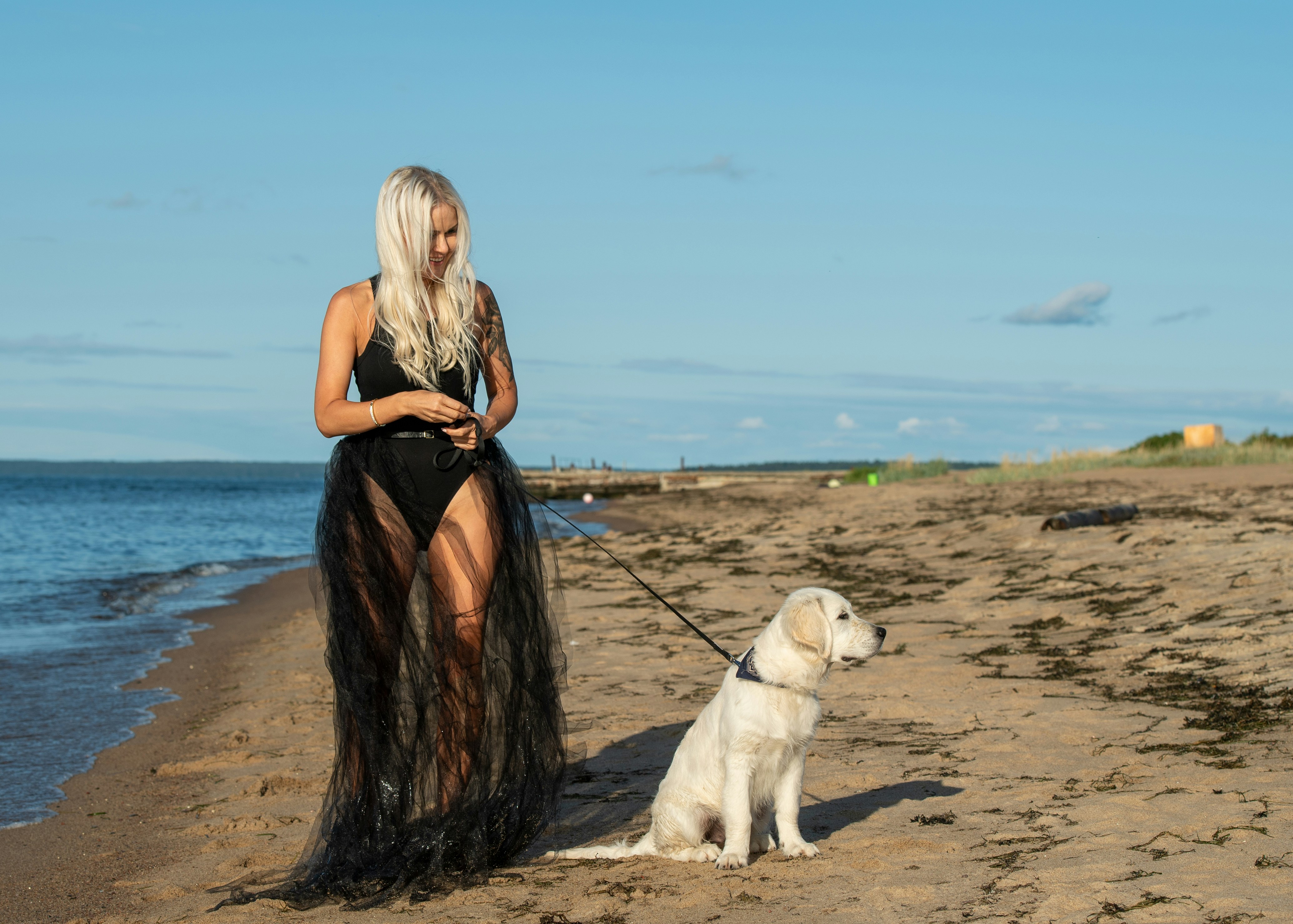 Woman in black dress with dog on beach