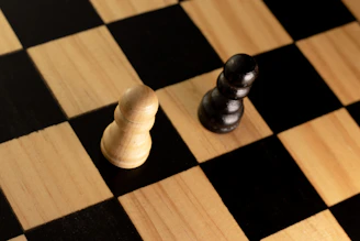 Two chess pawns on a wooden board