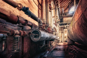 Industrial interior with pipes and machinery