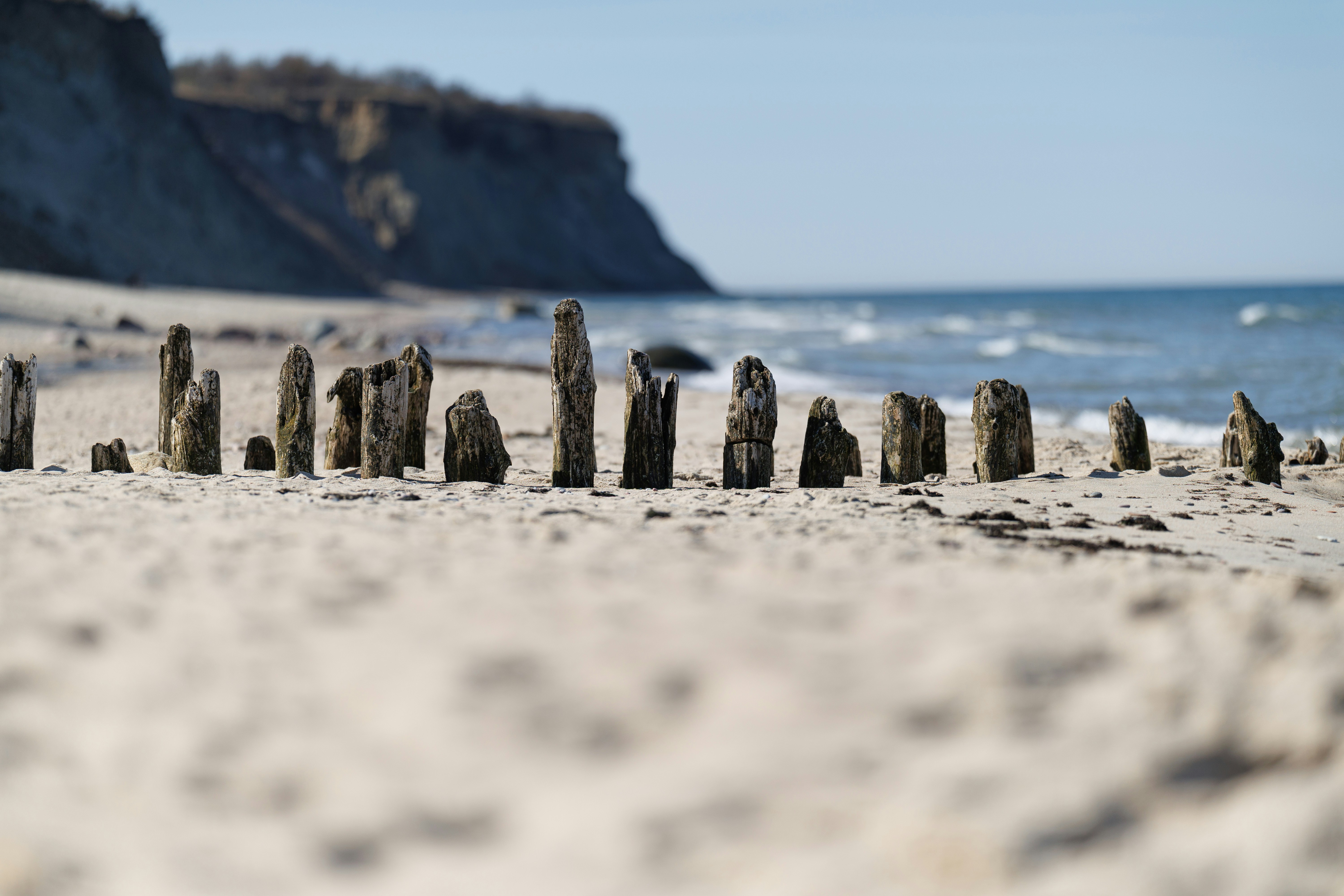 Weathered wooden posts stand on a sandy beach.