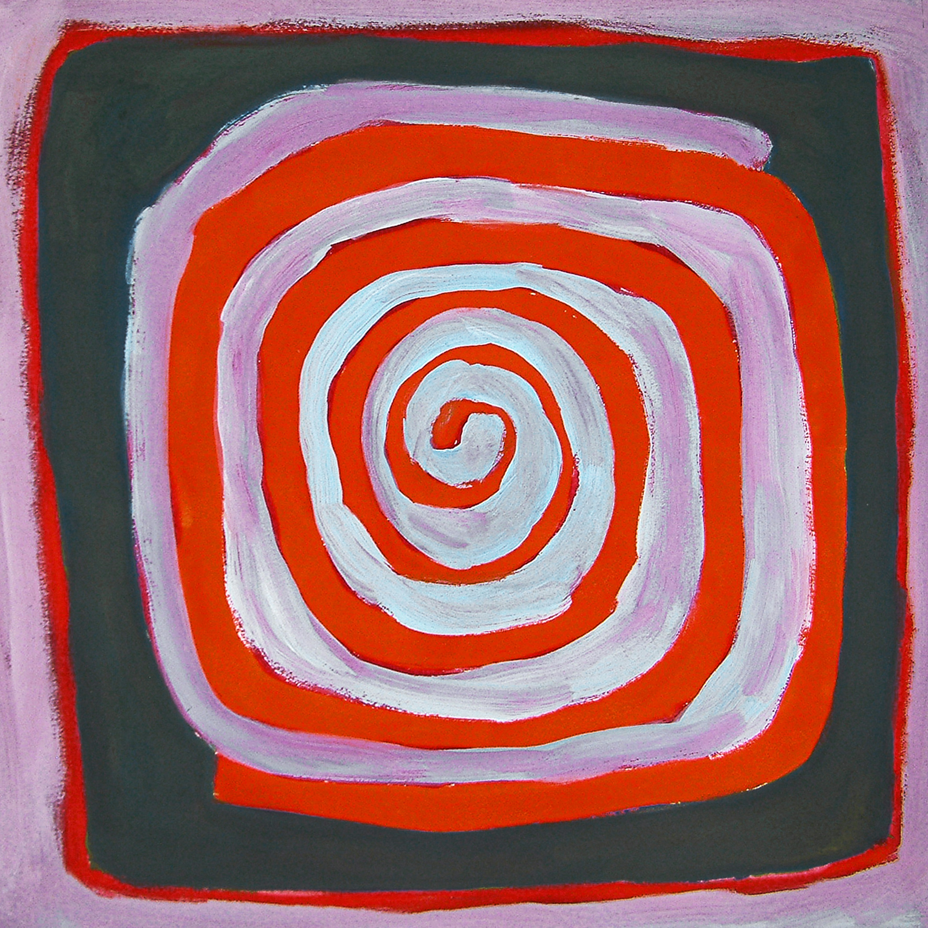 Lukisan spiral abstrak dengan warna merah, putih, dan merah muda