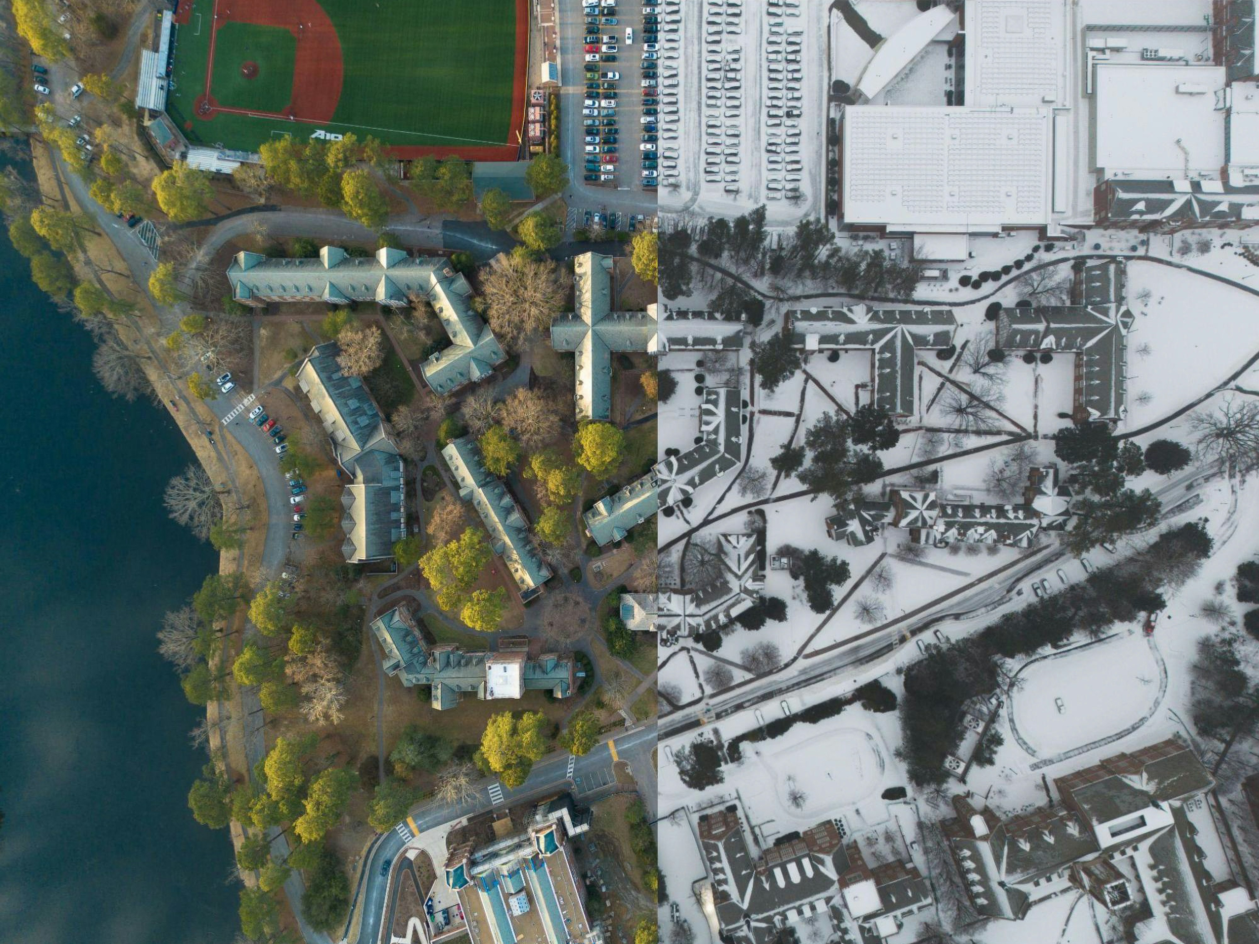 Vista aérea de un campus dividido entre otoño e invierno.