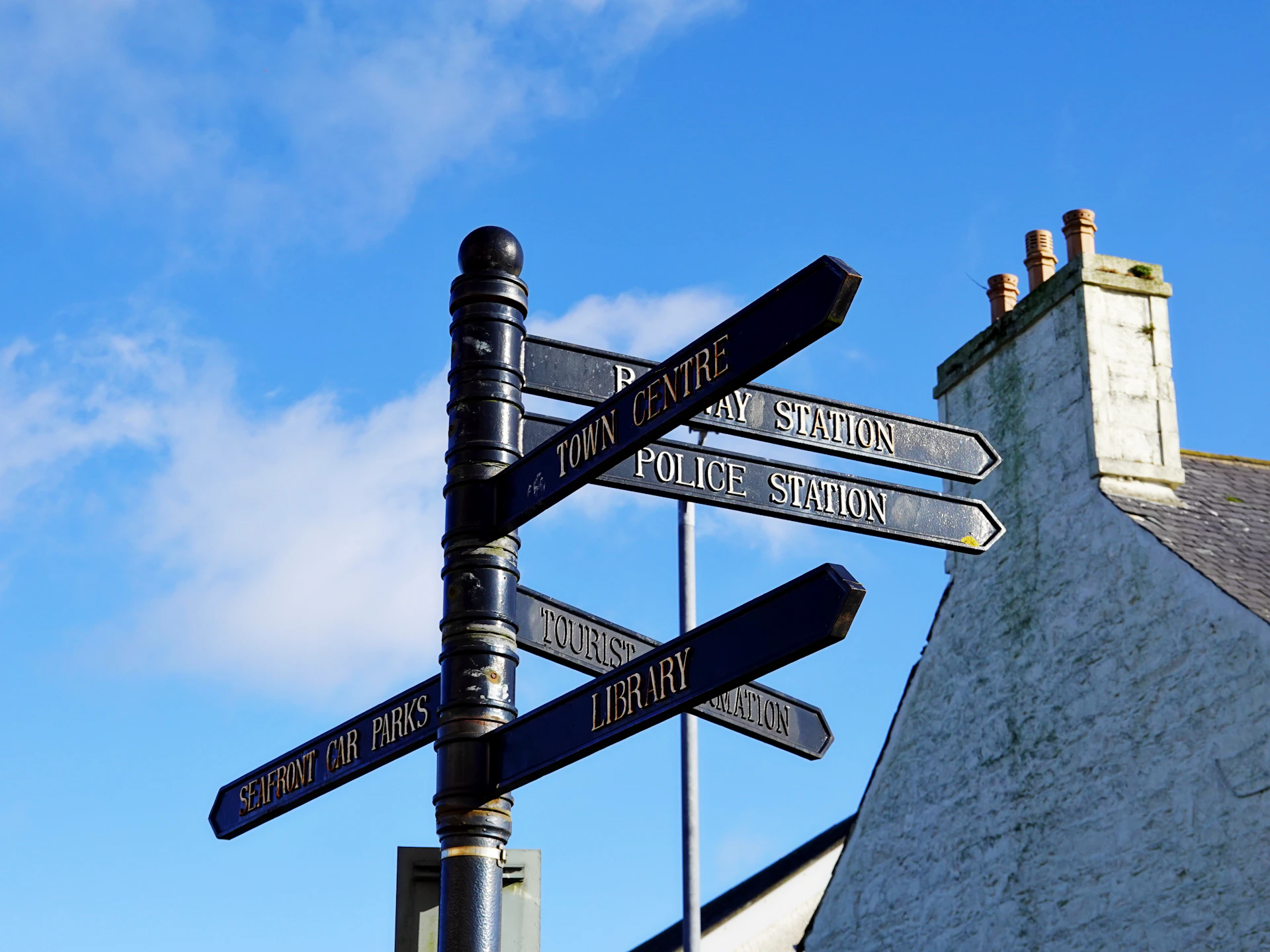 Directional signs point to town centre, library, and police station