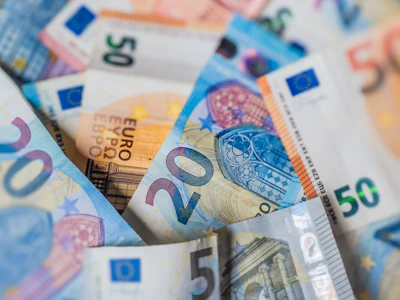 A close-up of assorted euro banknotes.