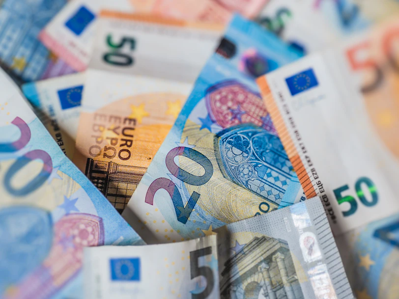 A close-up of assorted euro banknotes.