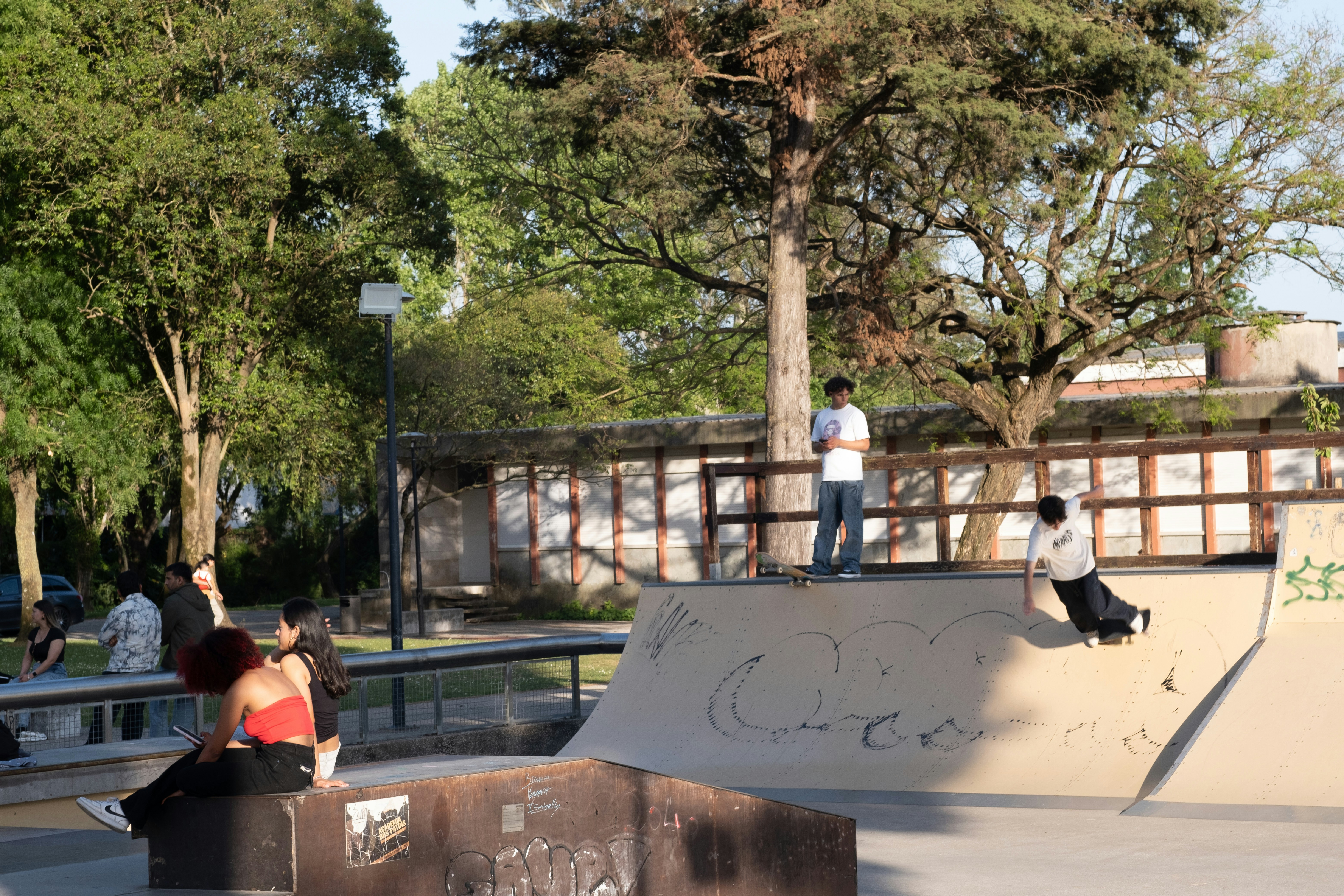 People at a skate park under shady trees