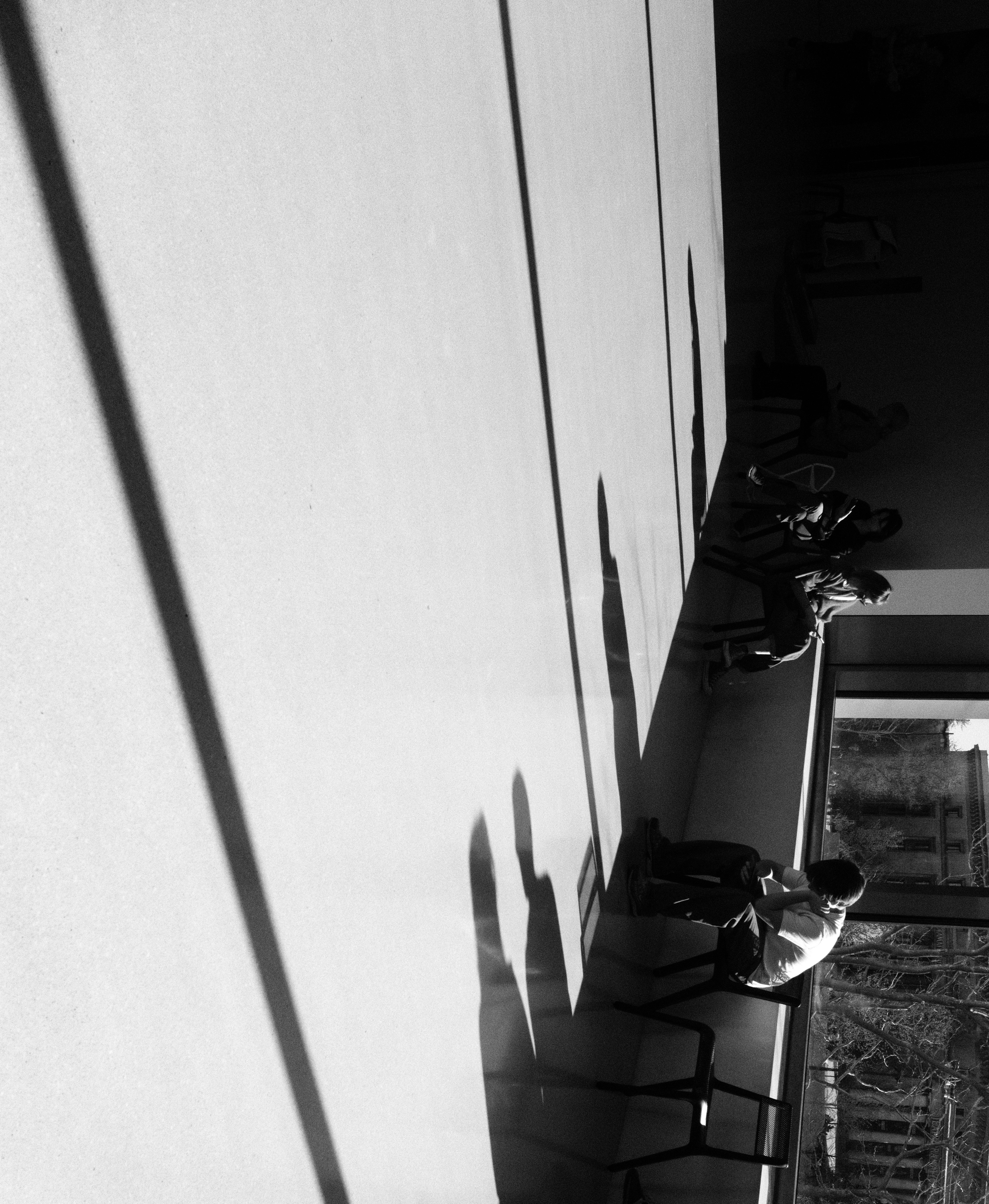 People sitting at a long table with shadows
