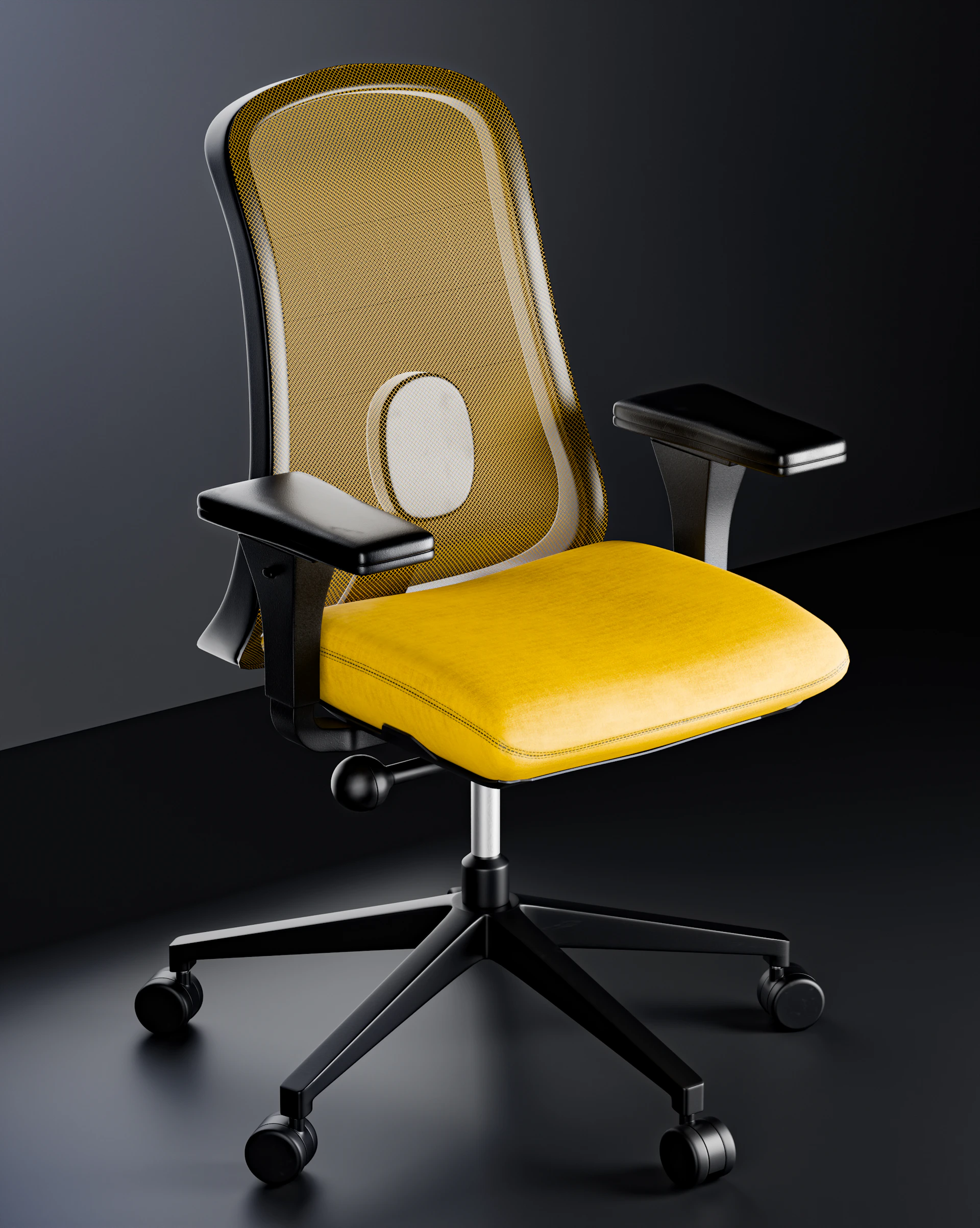 A modern yellow office chair on a dark background