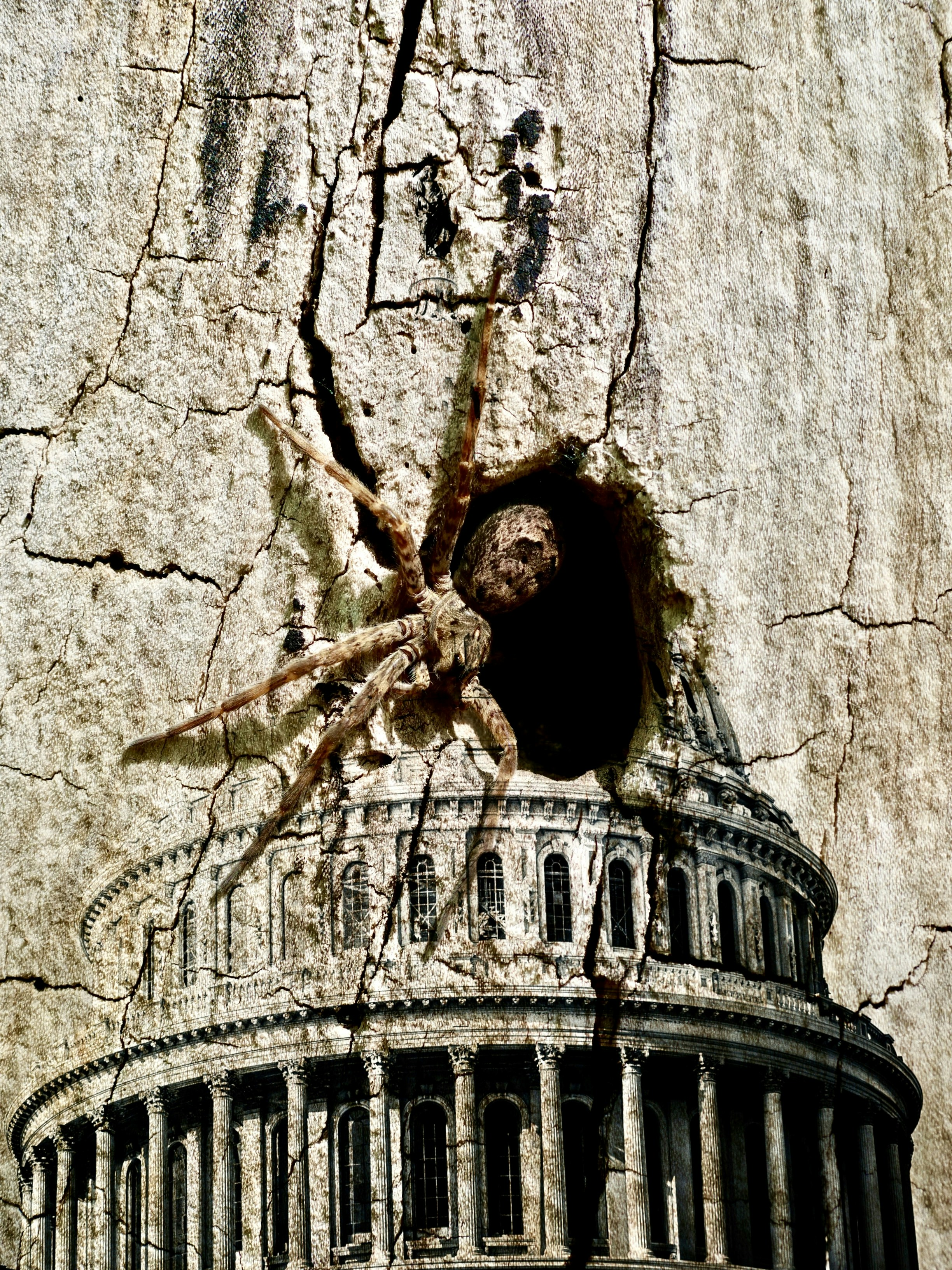 Spider emerging from hole in cracked wall over capitol building