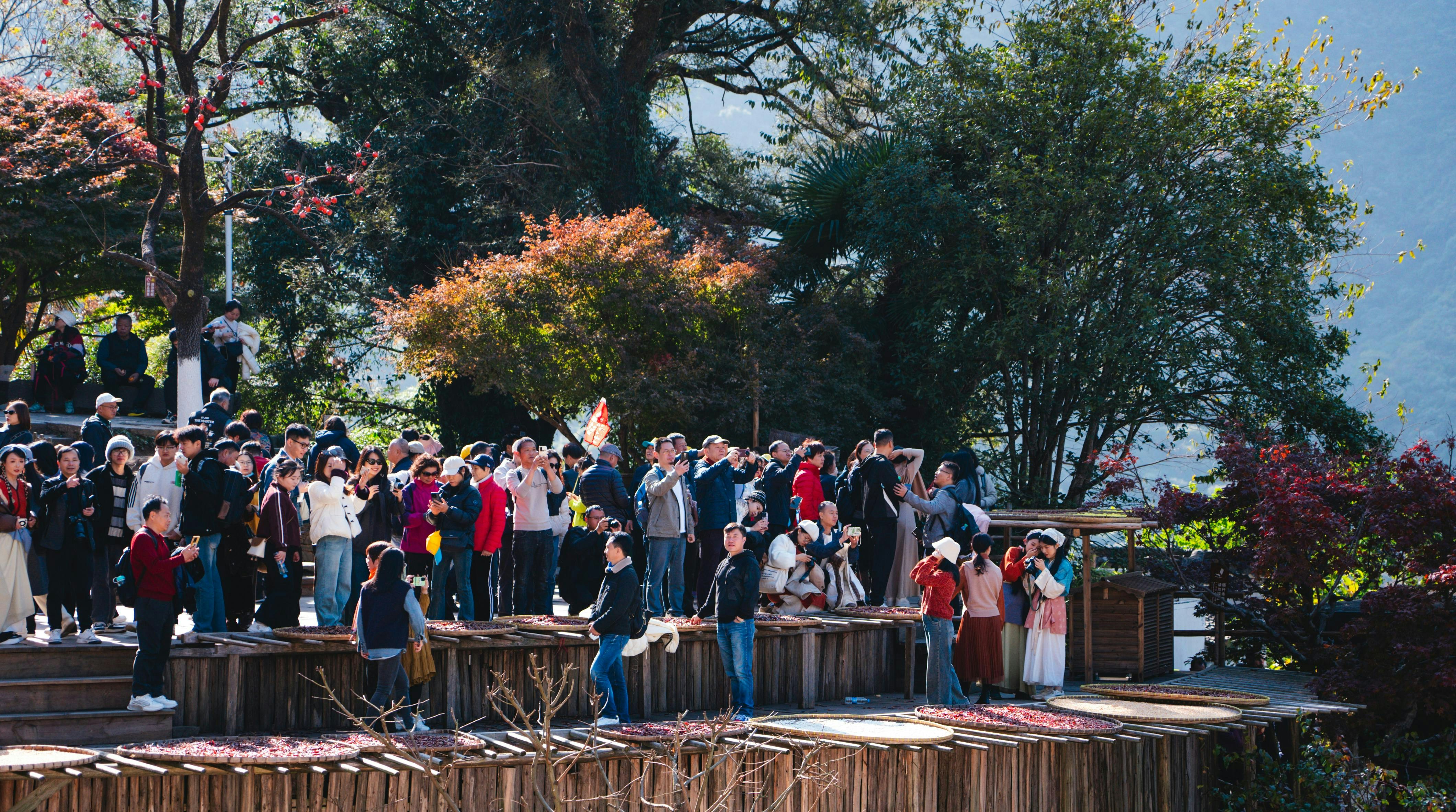 群衆は屋外の木製の台に集まりました