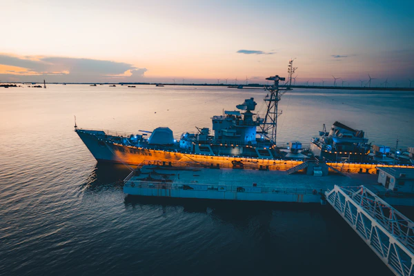 Battleship at harbor