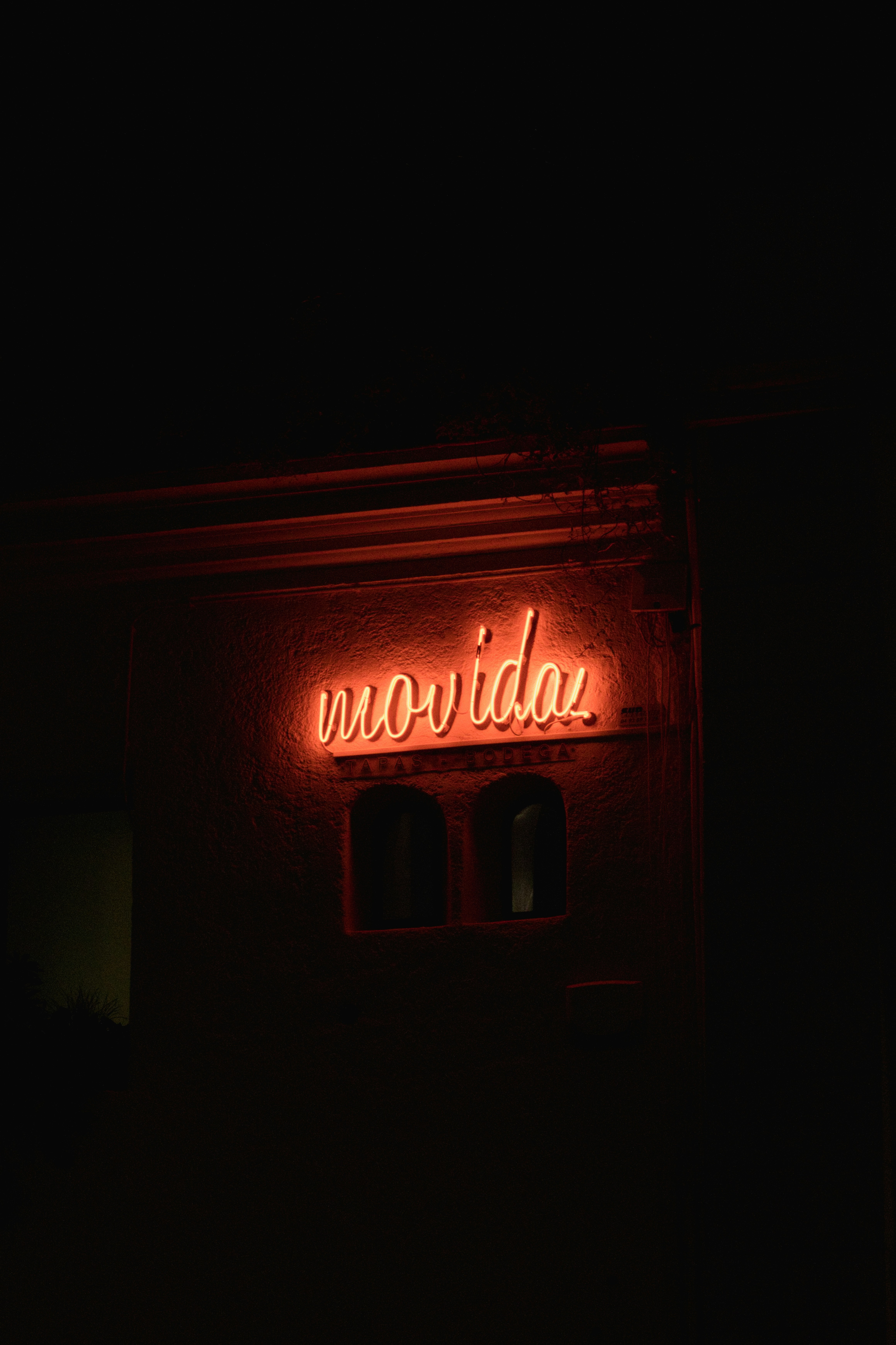 'movidaz'의 네온 사인이 어둠 속에서 빛난다.