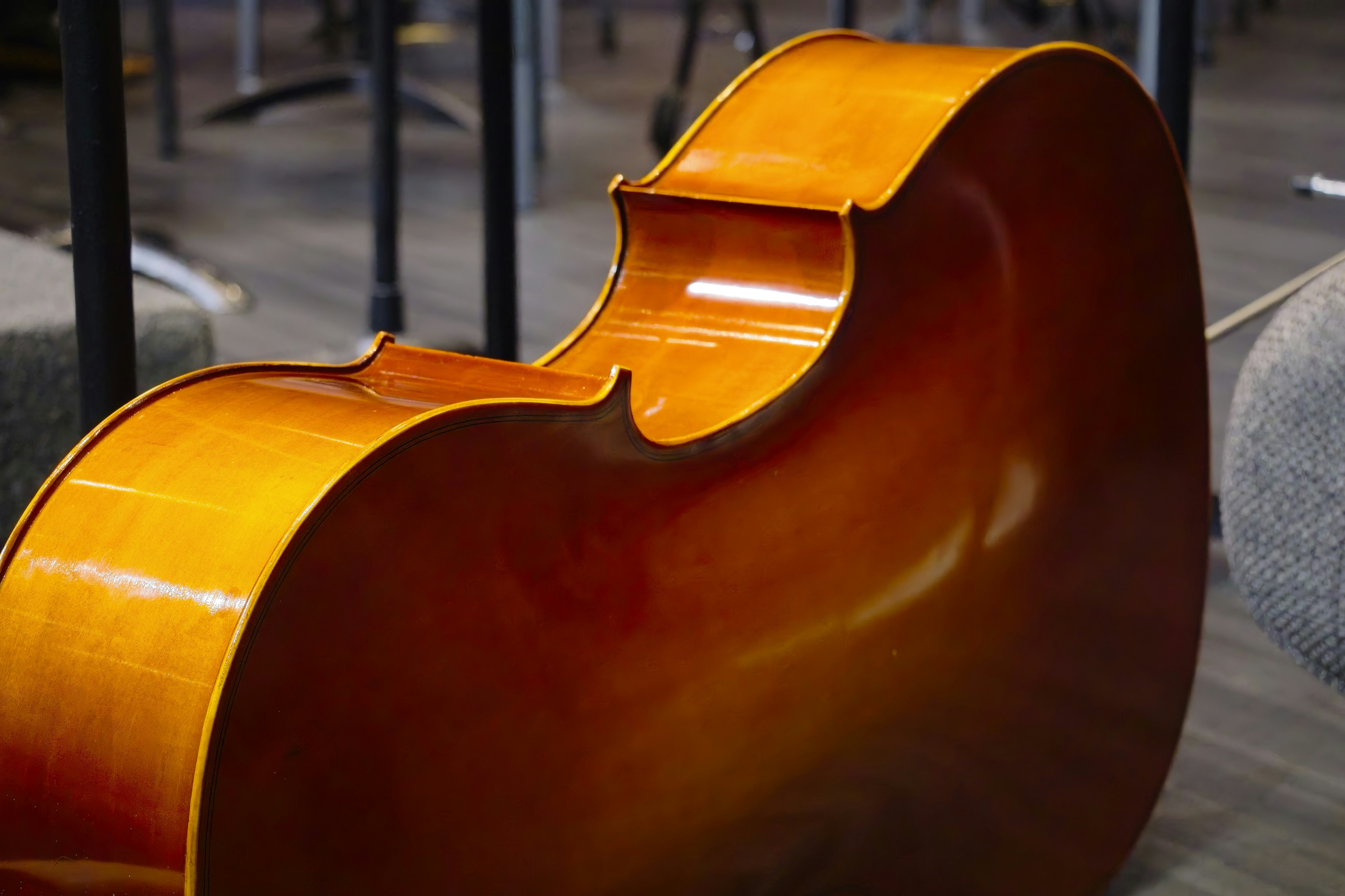 Primo piano di un corpo contrabbasso in legno lucidato.