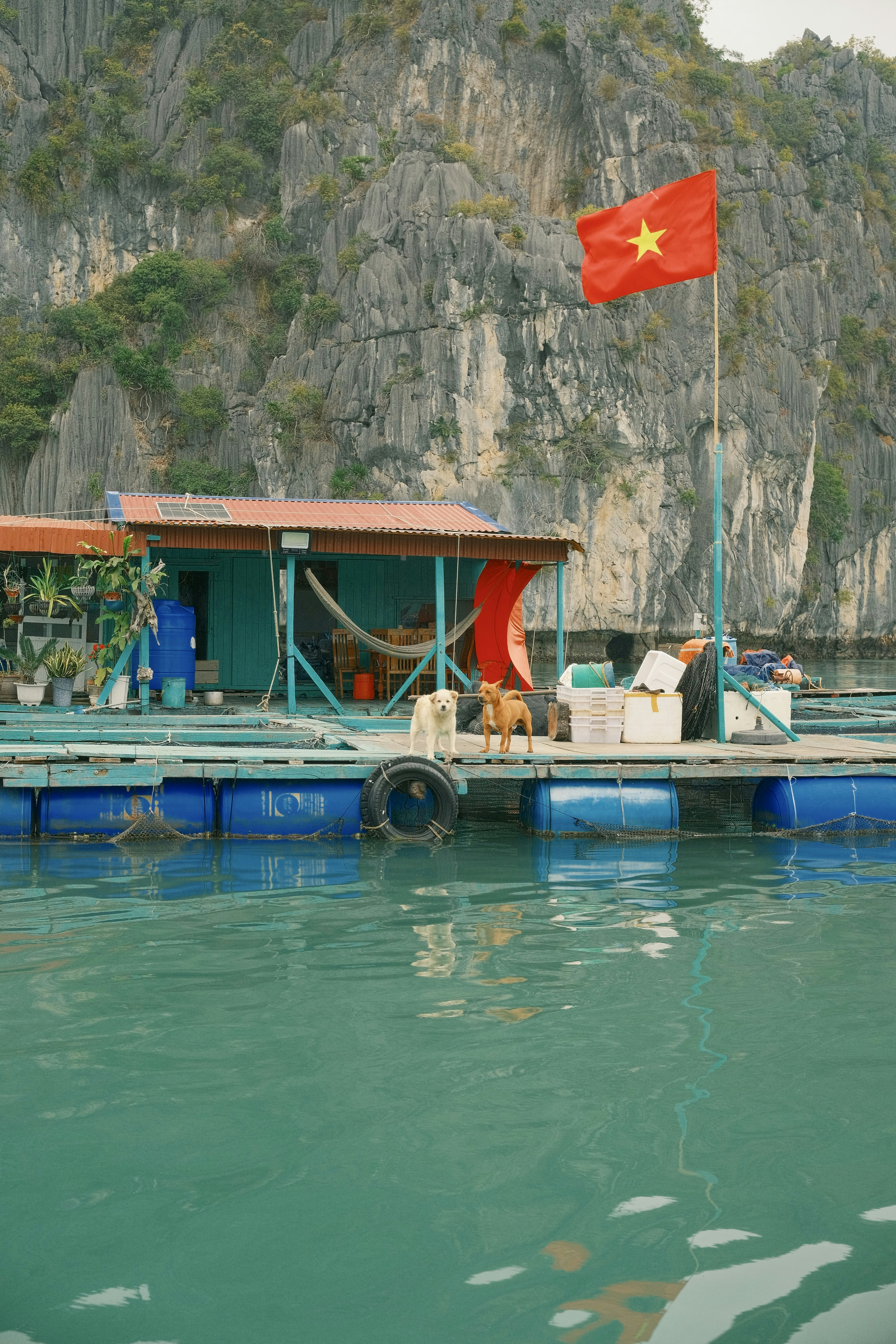 Casa galleggiante con bandiera vietnamita su acqua turchese.