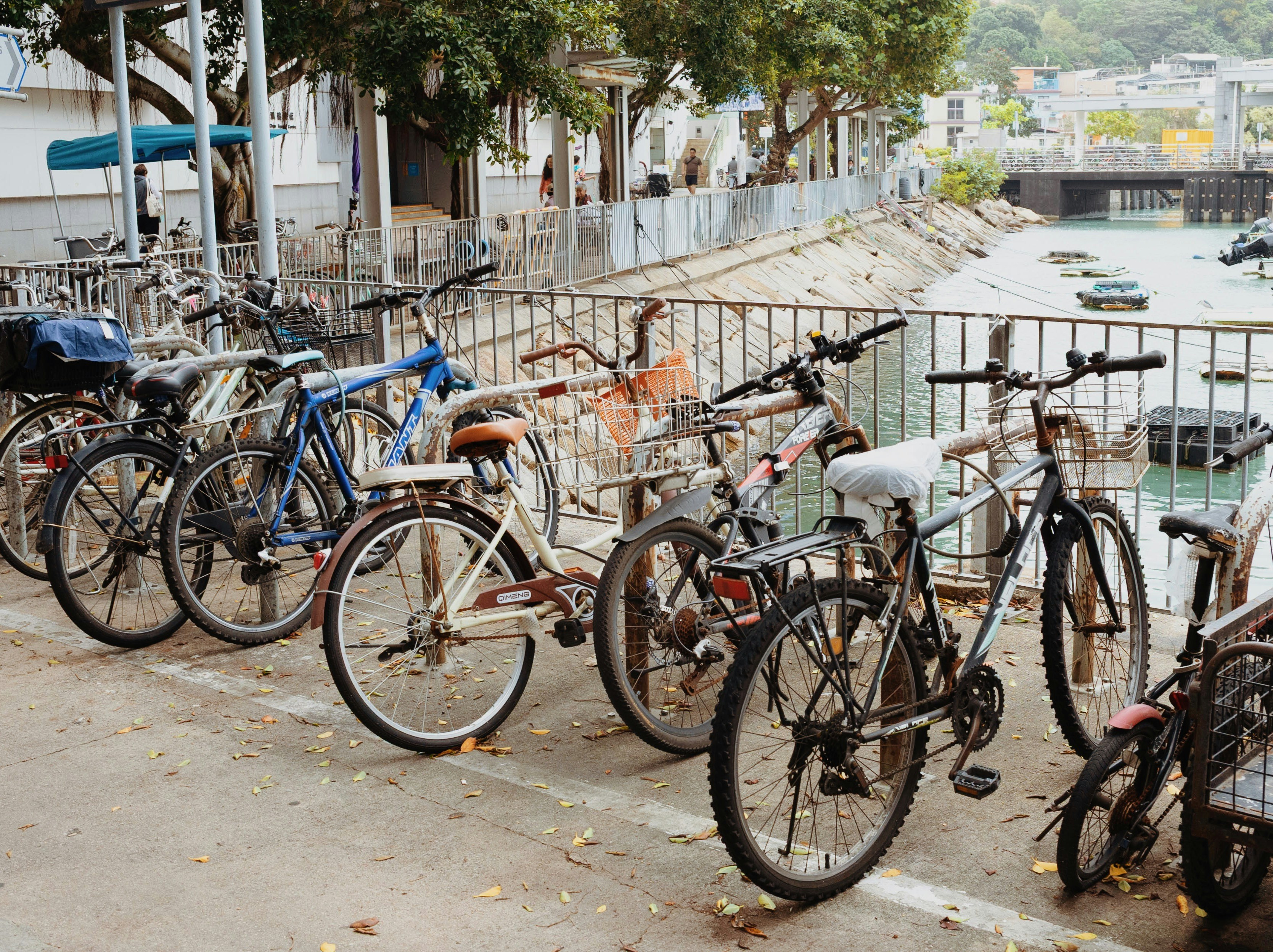 Beberapa sepeda diparkir di sepanjang pagar tepi laut.