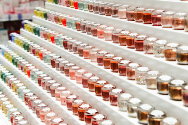 Rows of small glass bottles with colorful liquids