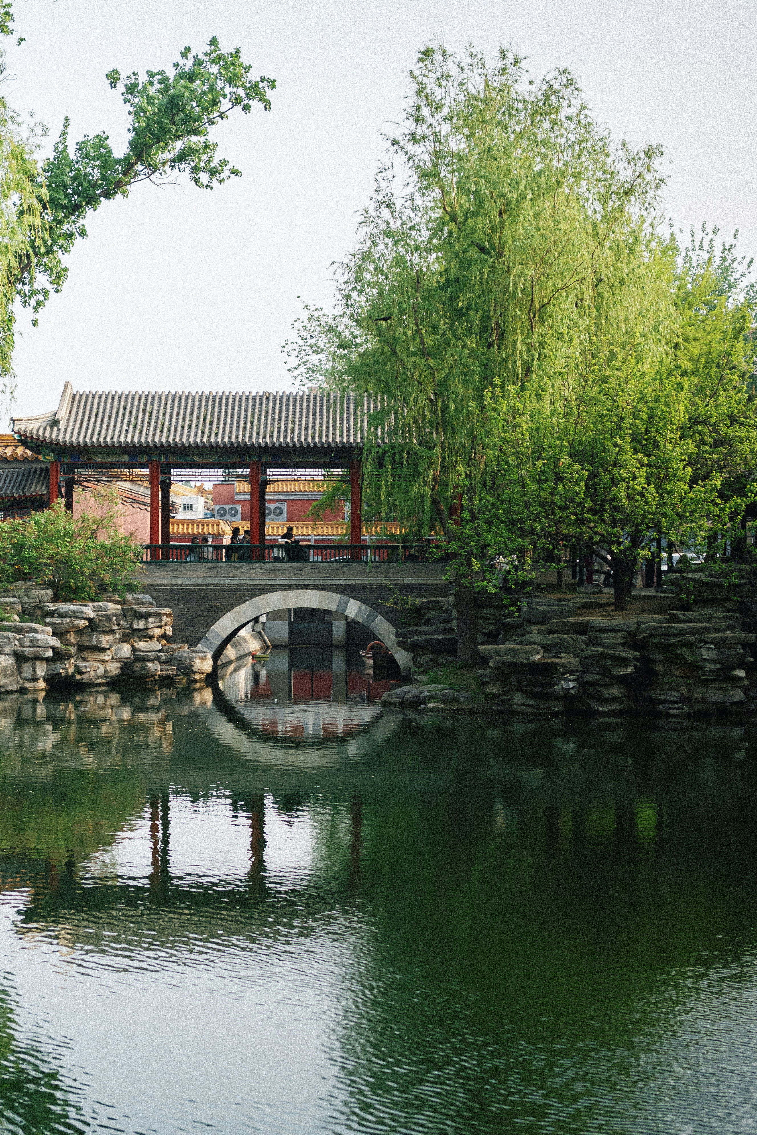 Tranquil garden with a bridge and reflection