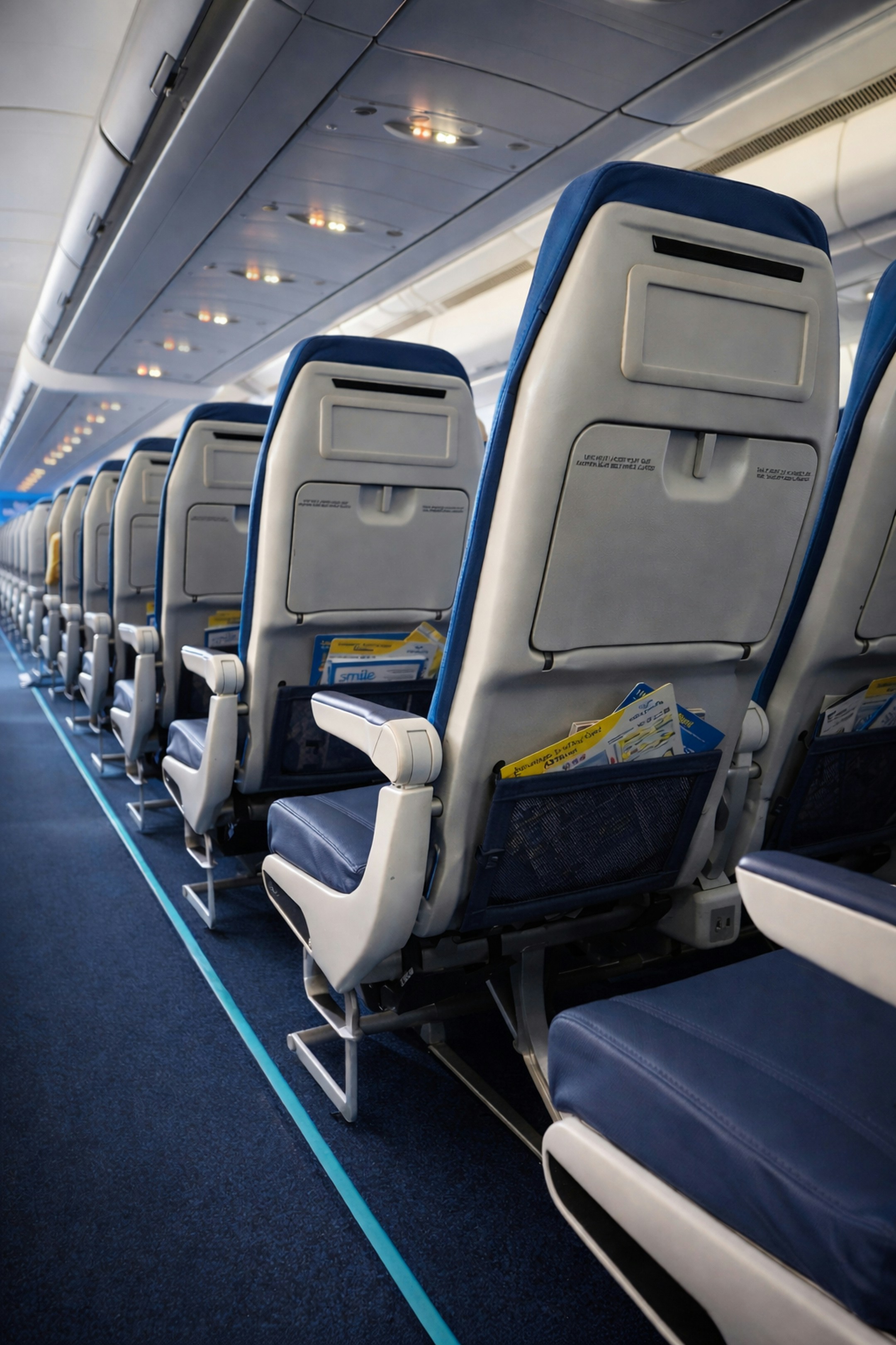 Asientos vacíos en fila en un vuelo comercial.