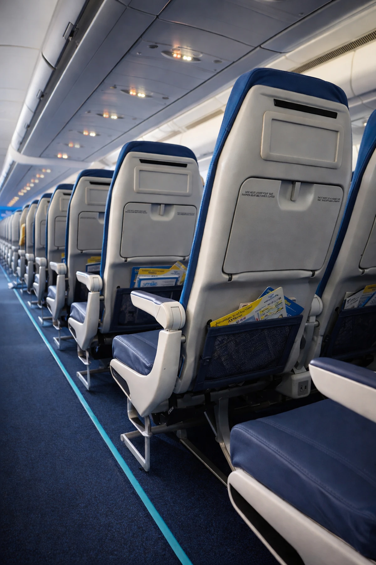 Rows of airplane seats inside an aircraft cabin