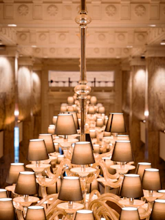 An ornate chandelier hangs in a grand hallway