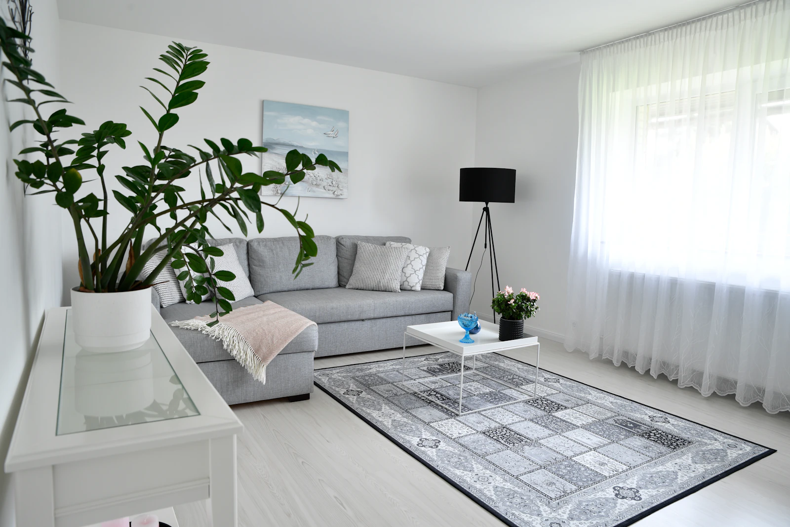 A large, mature houseplant standing beside a grey sofa in a bright Nordic living room