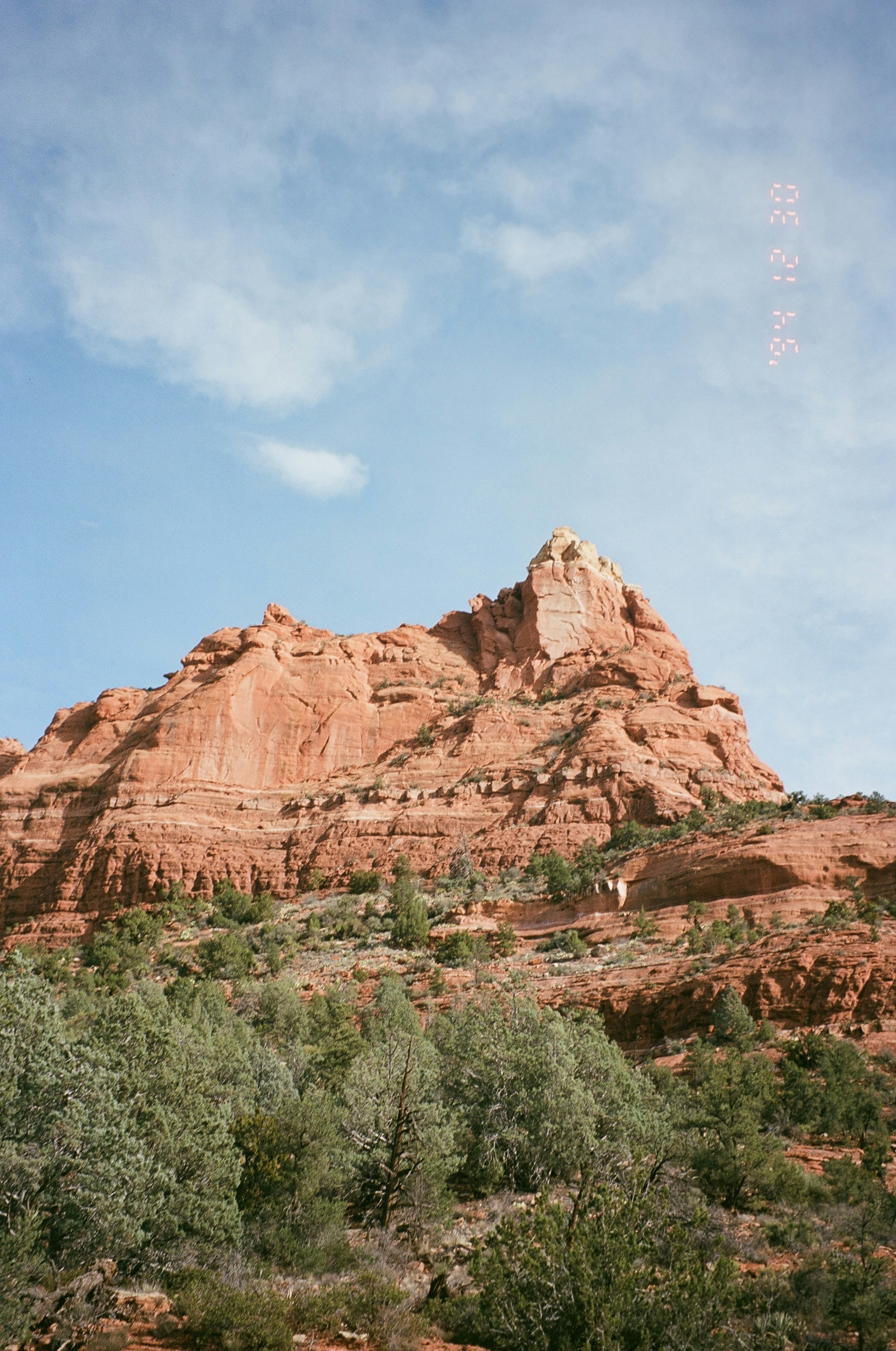 Red rock mountain with green trees under blue sky.